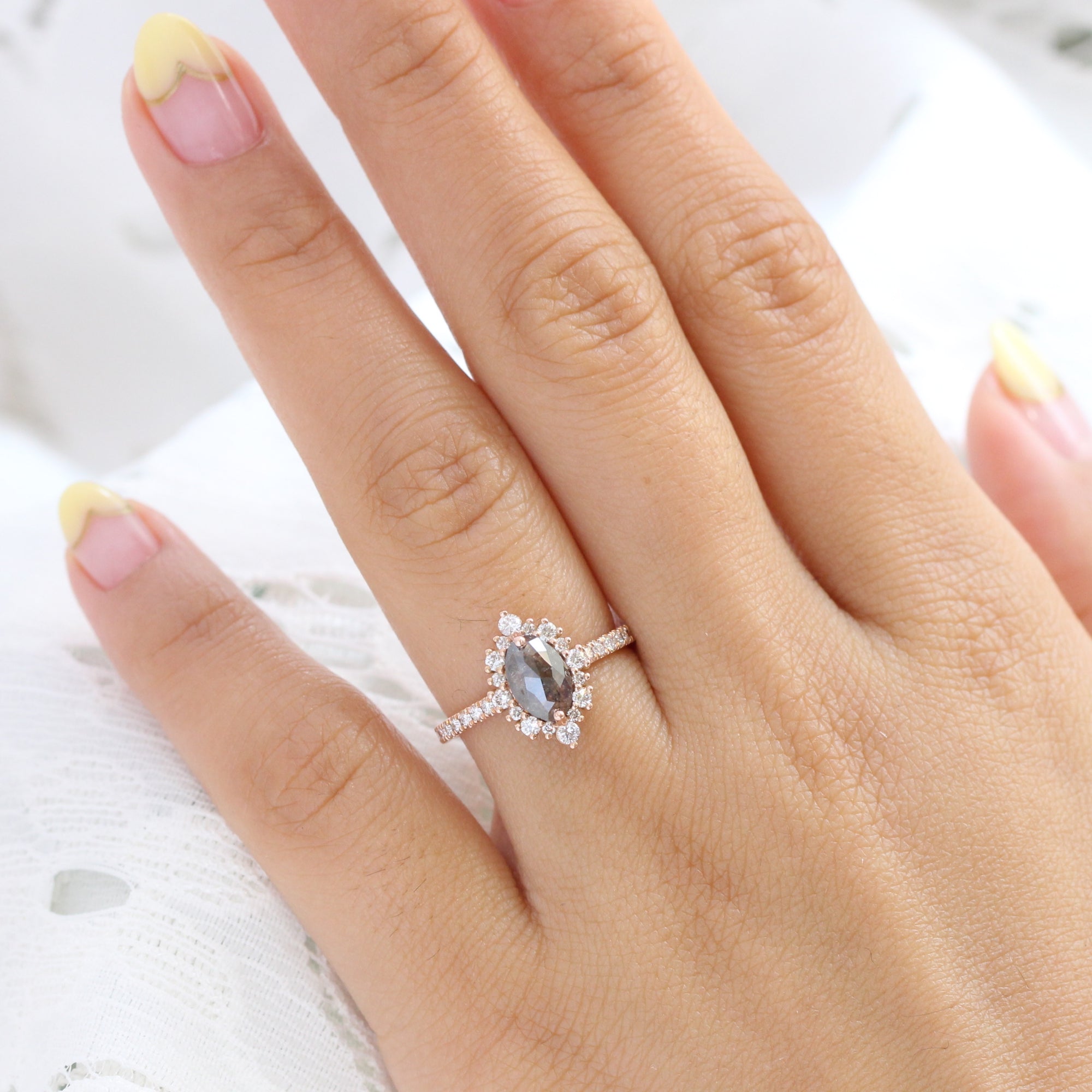 marquise salt and pepper diamond ring rose gold grey diamond halo ring la more design jewelry