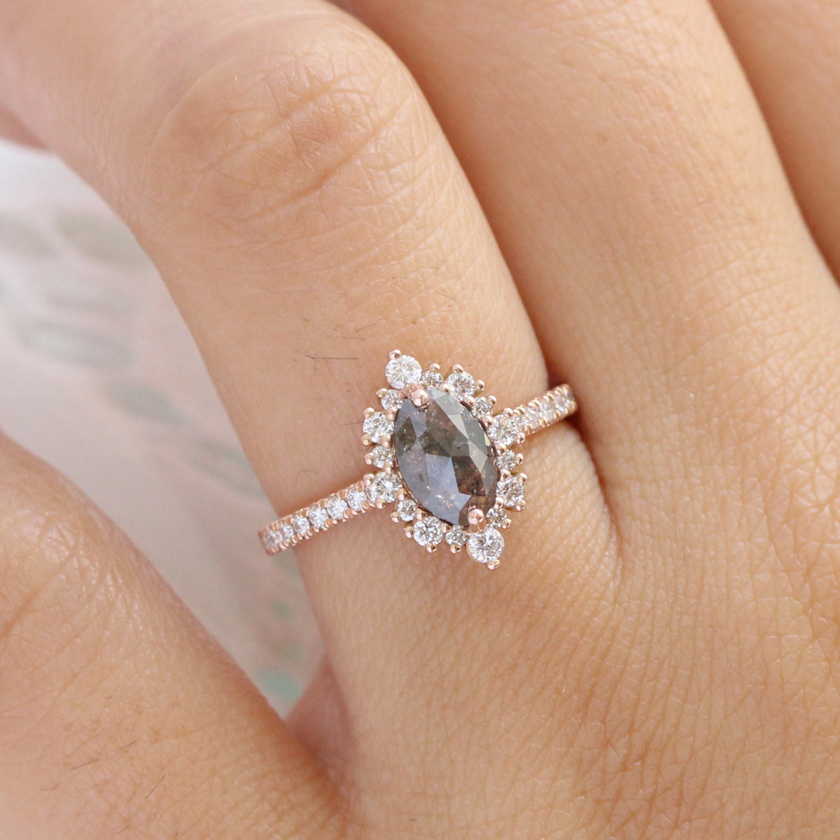 marquise salt and pepper diamond ring rose gold grey diamond halo ring la more design jewelry