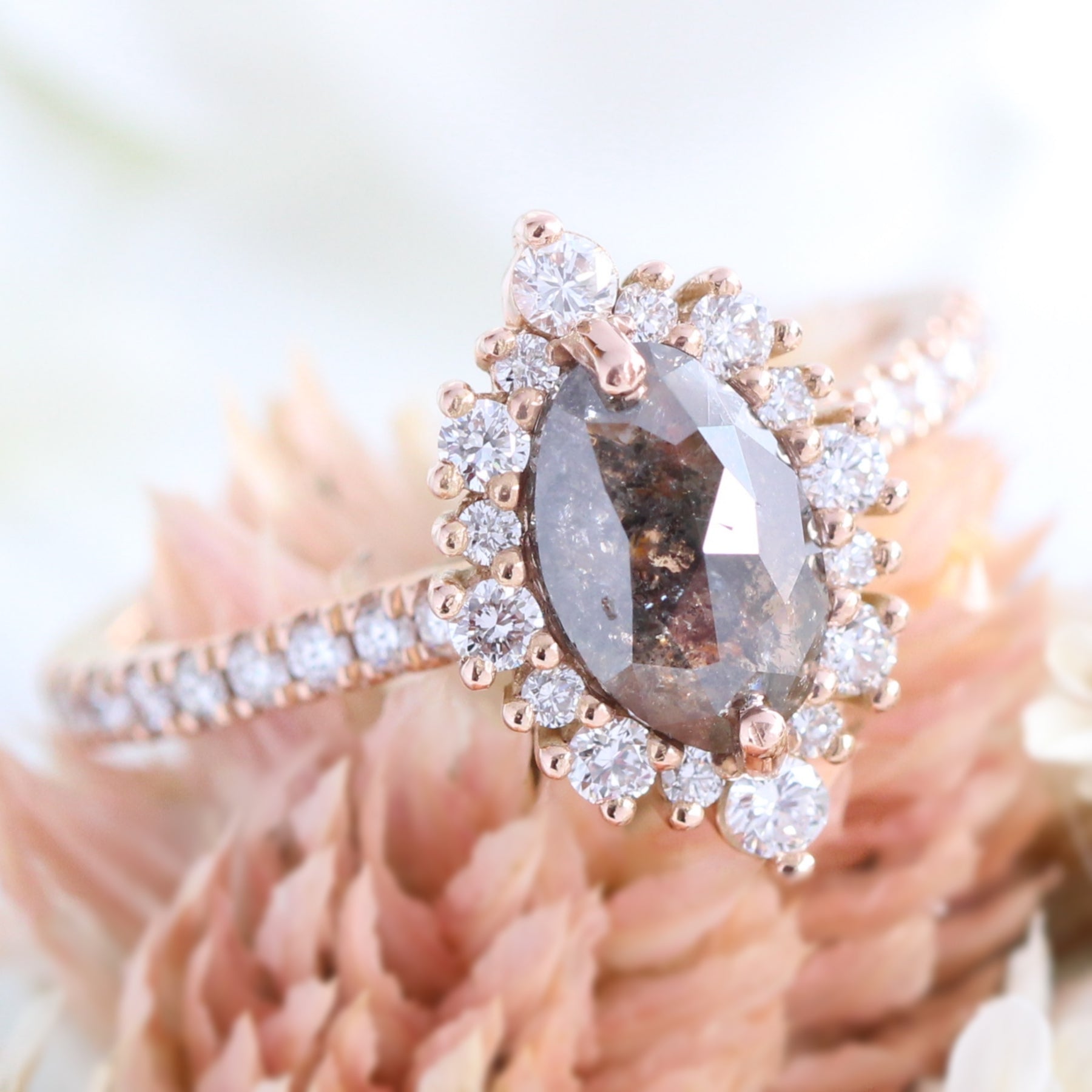 marquise salt and pepper diamond ring rose gold grey diamond halo ring la more design jewelry