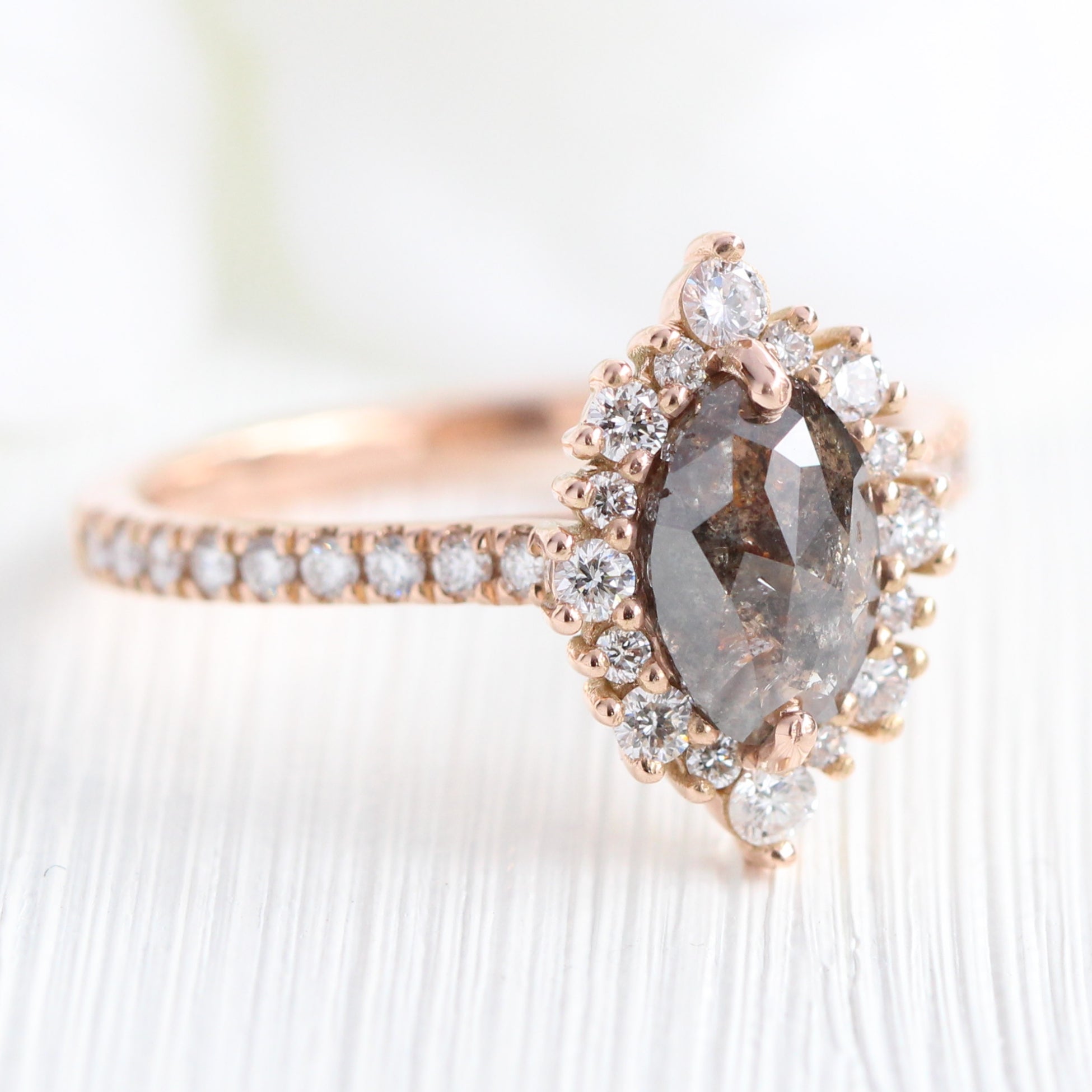 marquise salt and pepper diamond ring rose gold grey diamond halo ring la more design jewelry