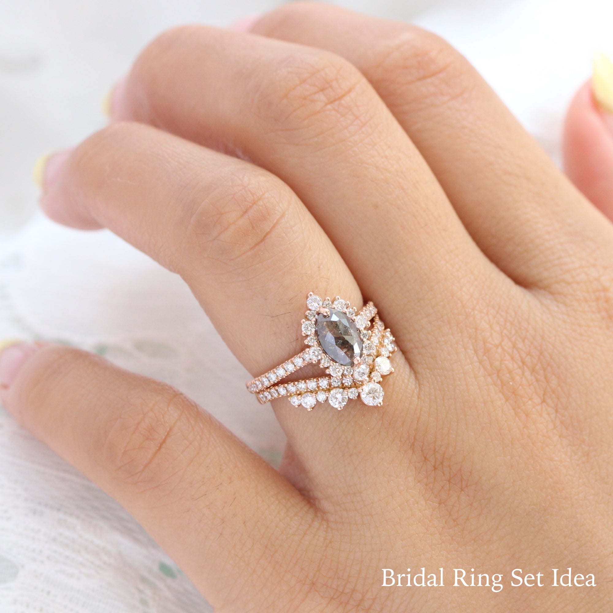 marquise salt and pepper diamond ring rose gold grey diamond halo ring la more design jewelry