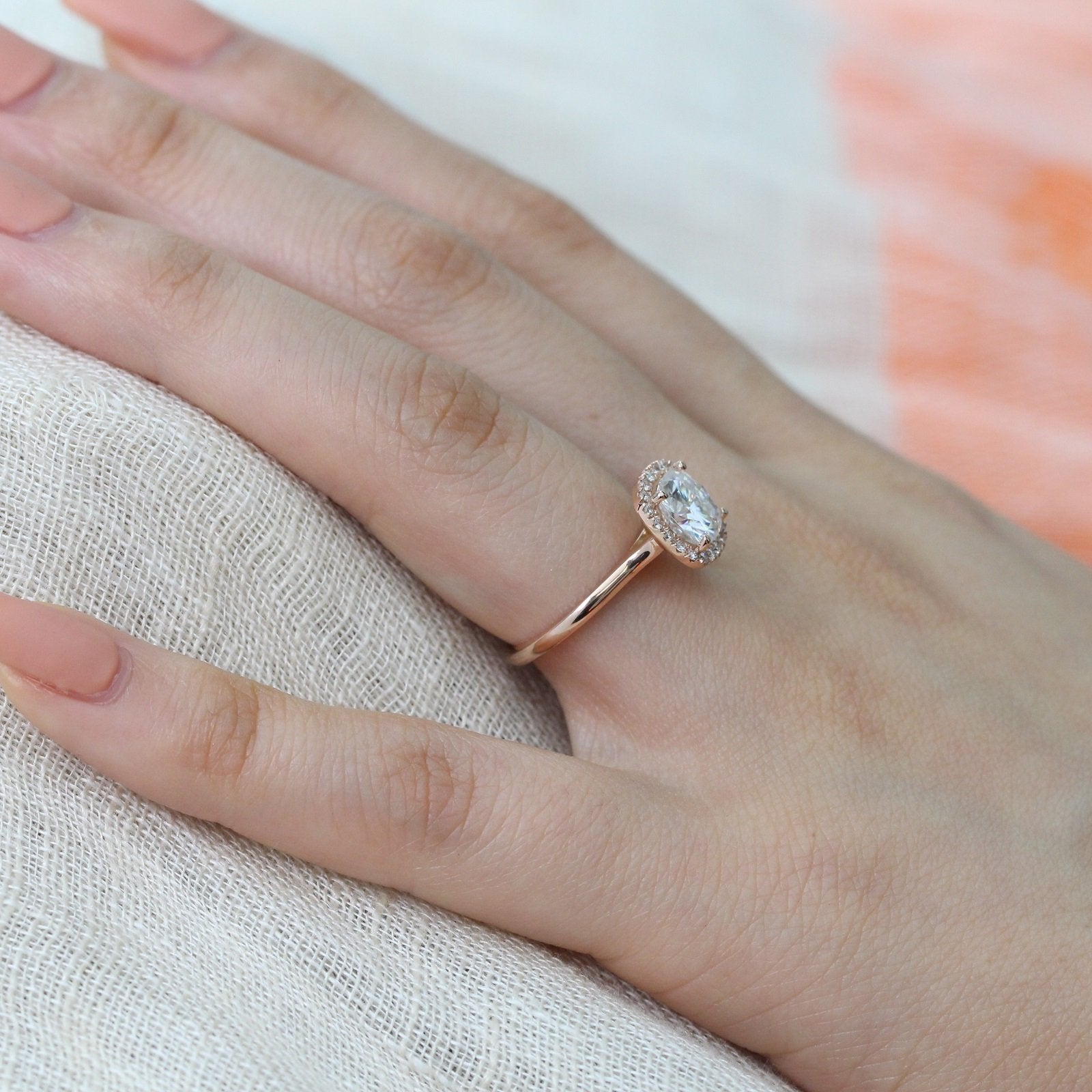 moissanite engagement ring rose gold halo diamond band by la more design