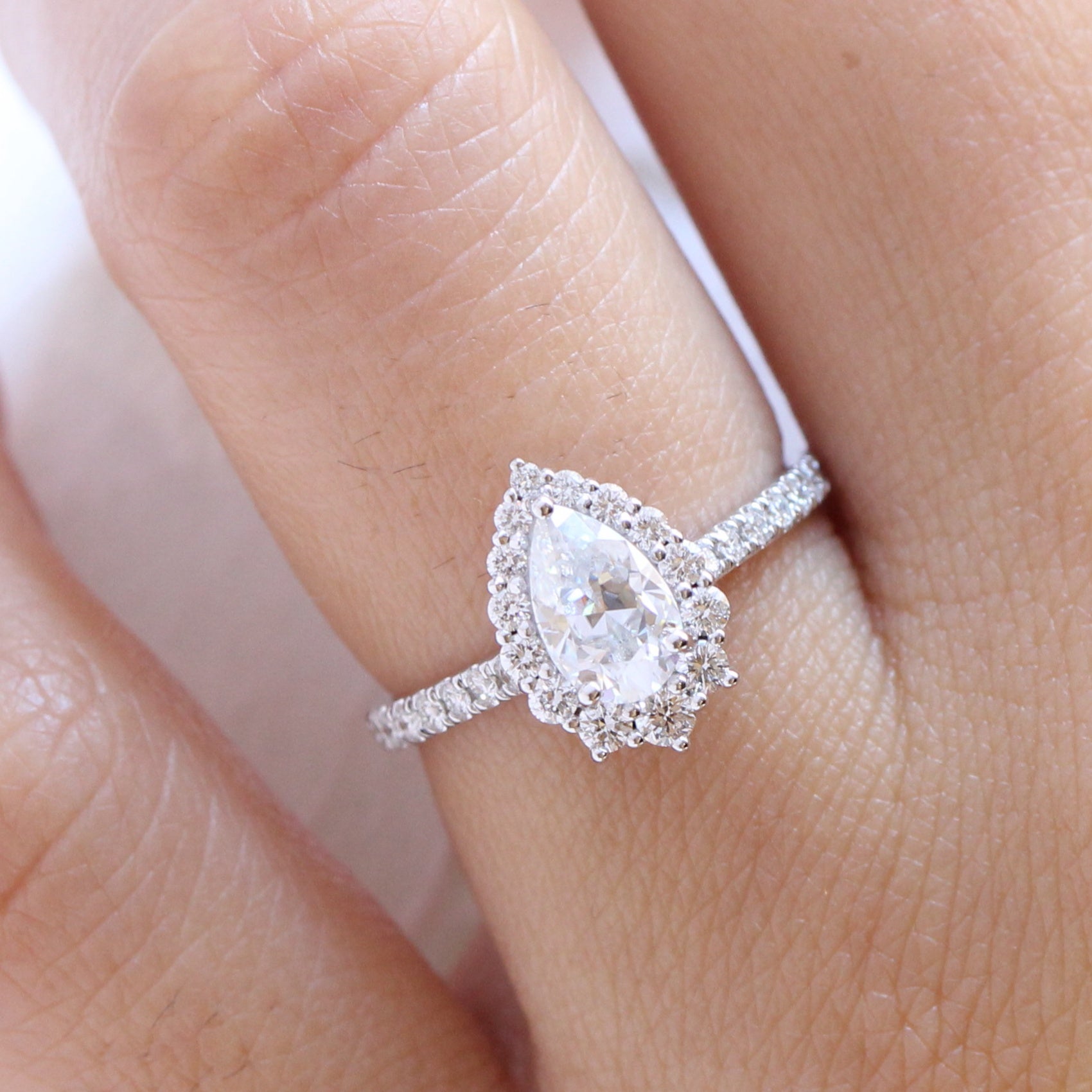 moissanite diamond engagement ring white gold pear halo ring by la more design jewelry