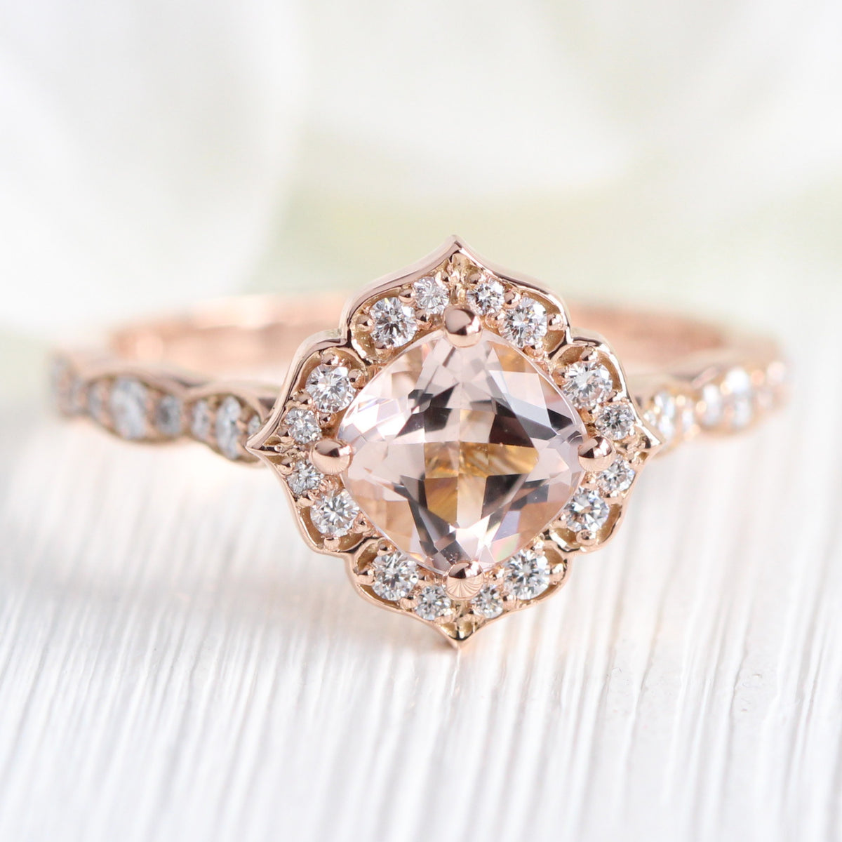 morganite engagement ring in rose gold mini vintage floral by la more design