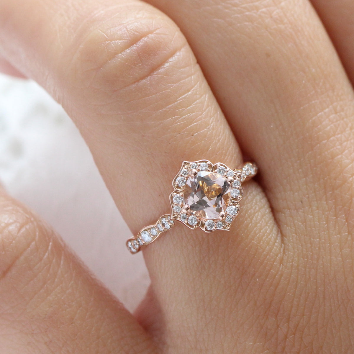 morganite engagement ring in rose gold mini vintage floral by la more design