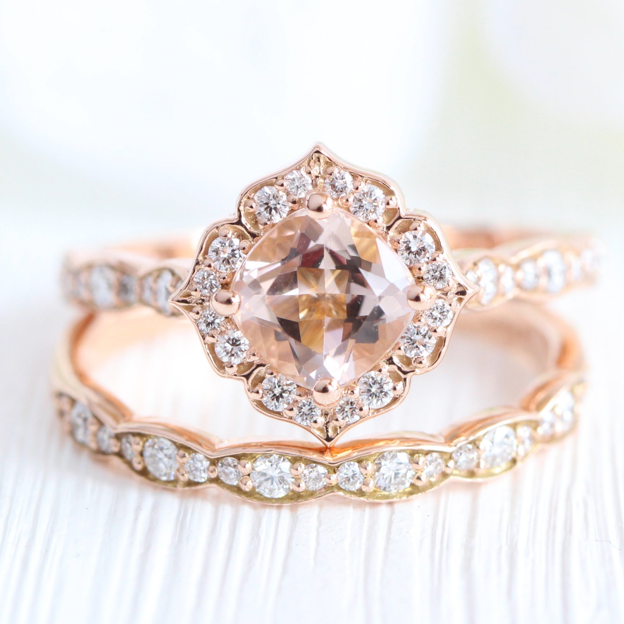 Rose Gold Morganite Ring Bridal Set in Mini Vintage Floral Diamond