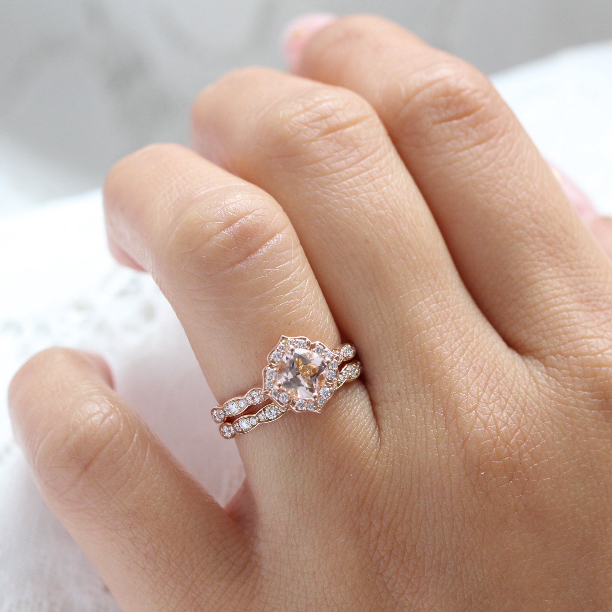 morganite engagement ring set in rose gold mini vintage floral by la more design