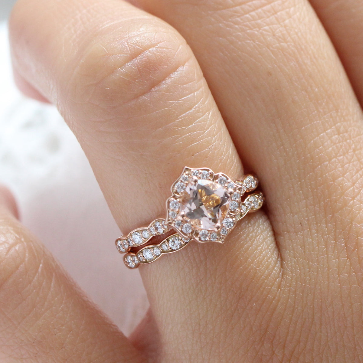 morganite engagement ring set in rose gold mini vintage floral by la more design