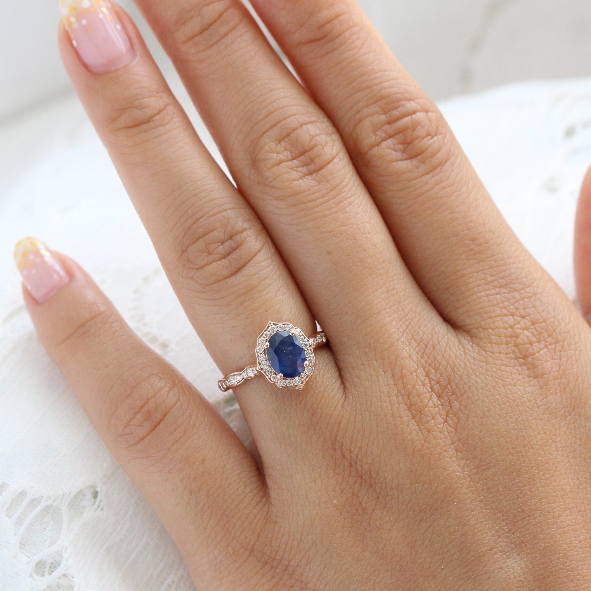 natural blue sapphire engagement ring rose gold vintage halo diamond ring la more design jewelry