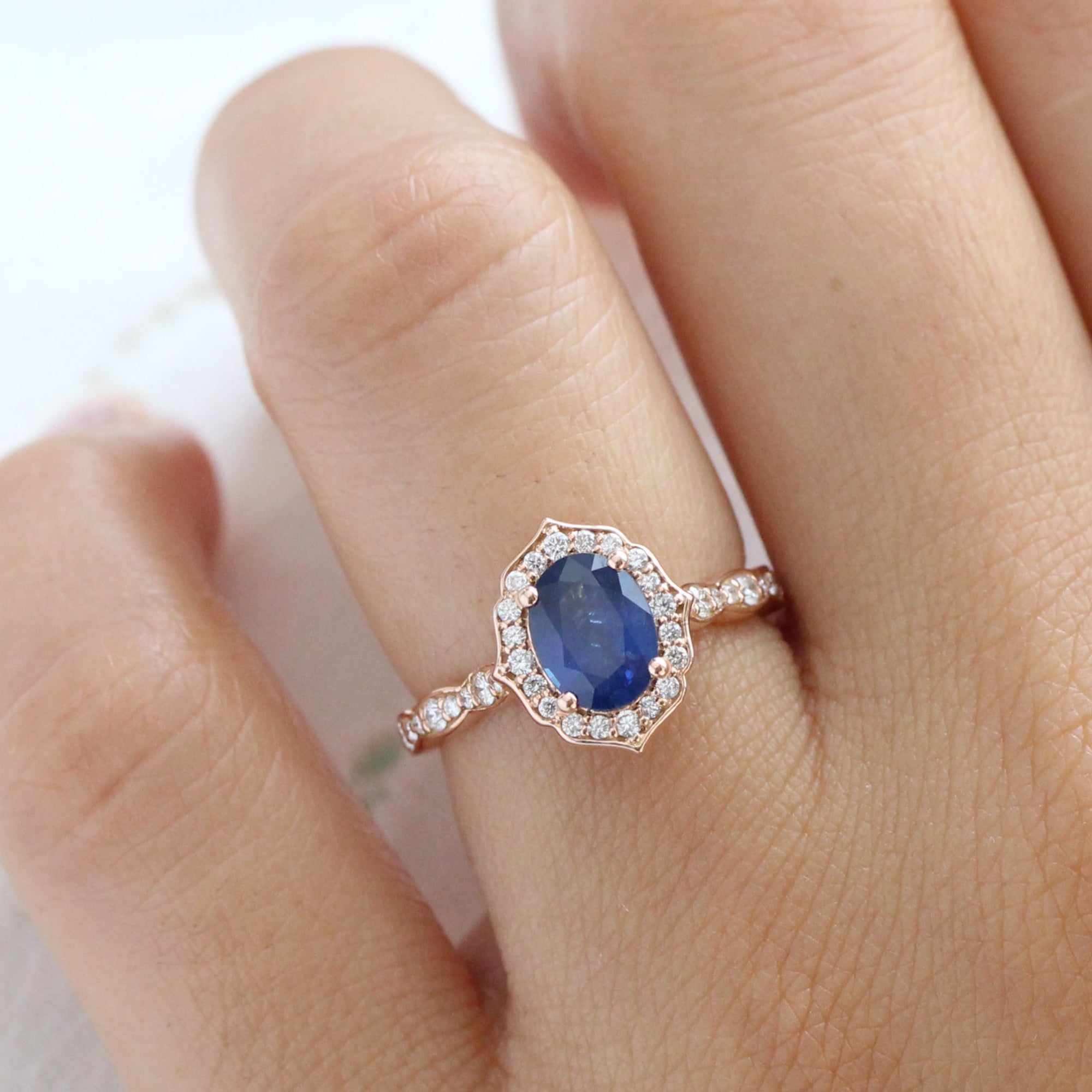 natural blue sapphire engagement ring rose gold vintage halo diamond ring la more design jewelry