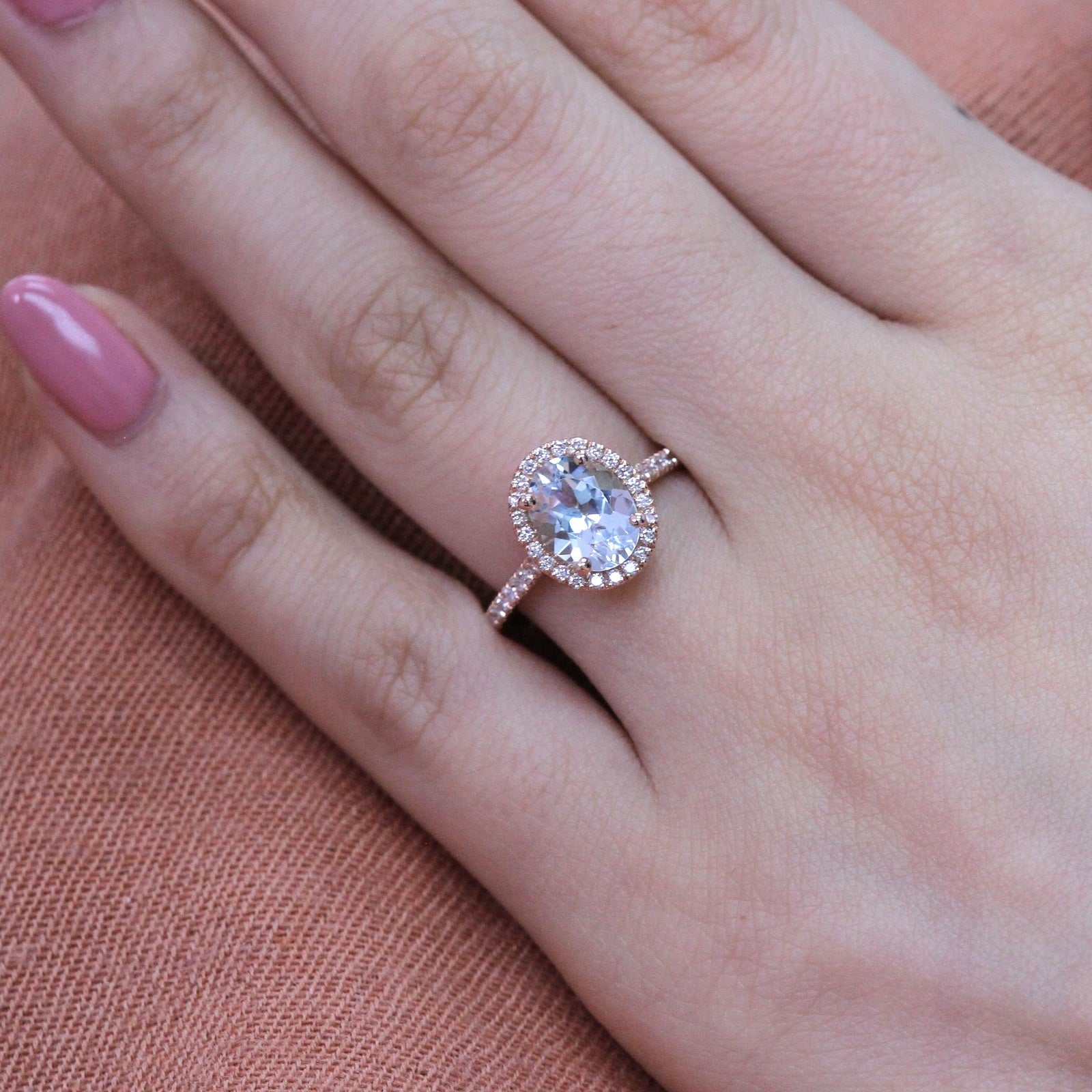 Oval aquamarine ring rose gold halo diamond ring la more design jewelry