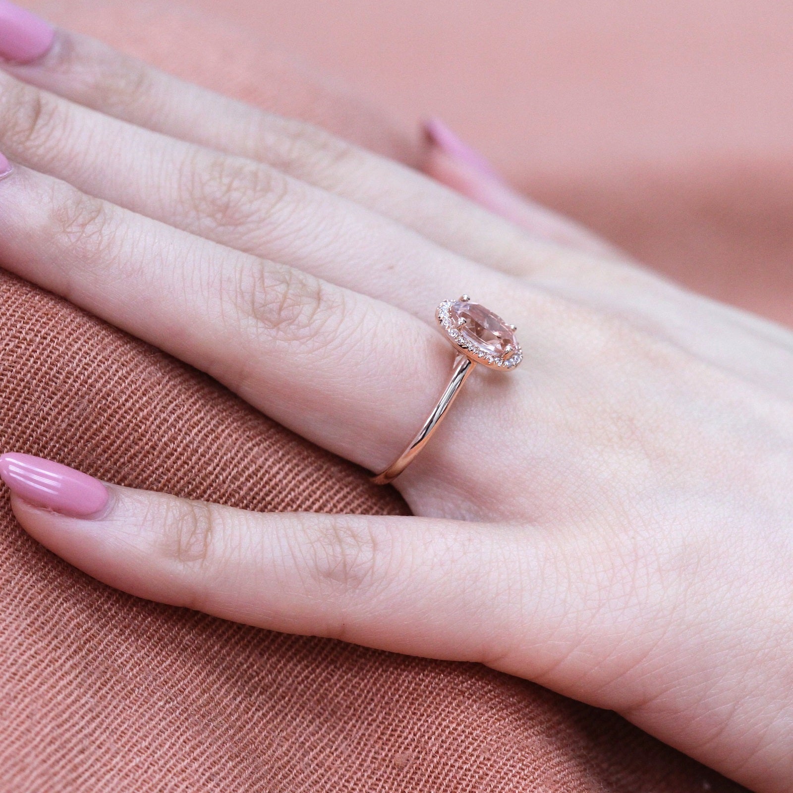 Oval morganite ring rose gold halo diamond ring la more design jewelry