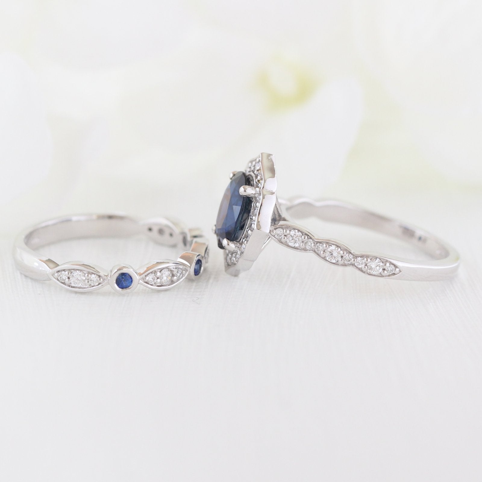 oval blue sapphire ring bridal set in white gold vintage inspired band by la more design