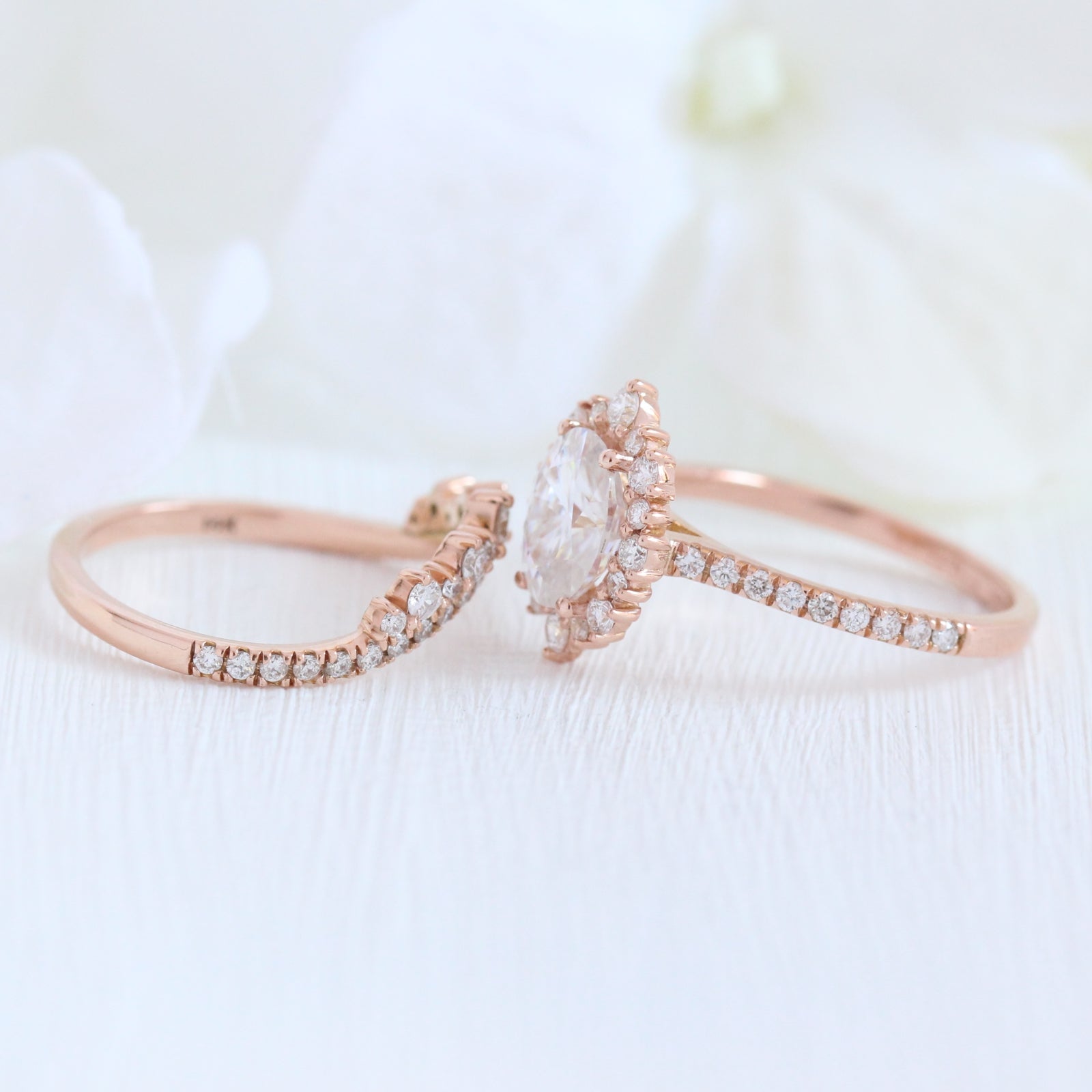 oval moissanite engagement ring halo diamond bridal set rose gold and crown diamond wedding band by la more design jewelry