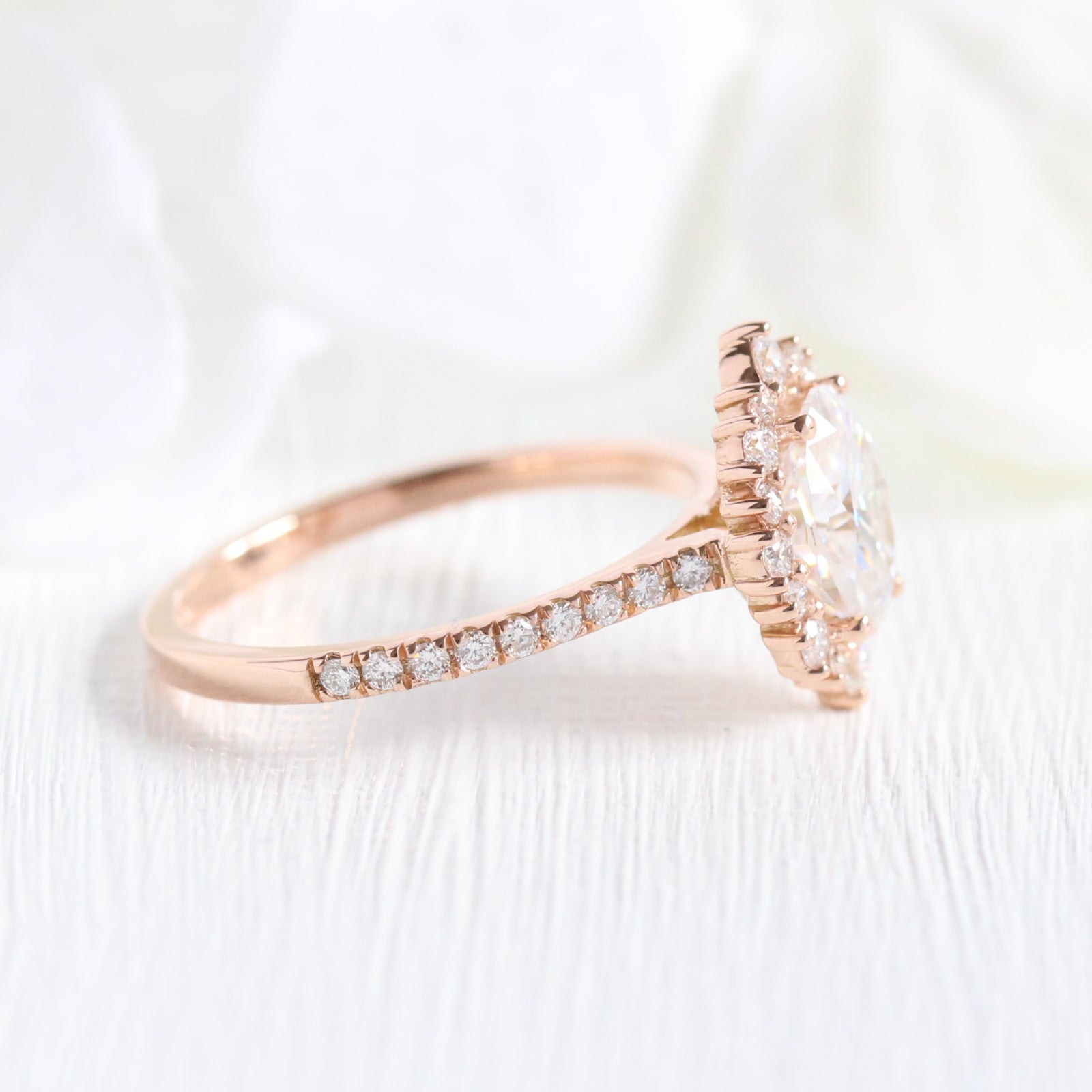 oval moissanite engagement ring rose gold halo diamond ring low profile ring by la more design jewelry