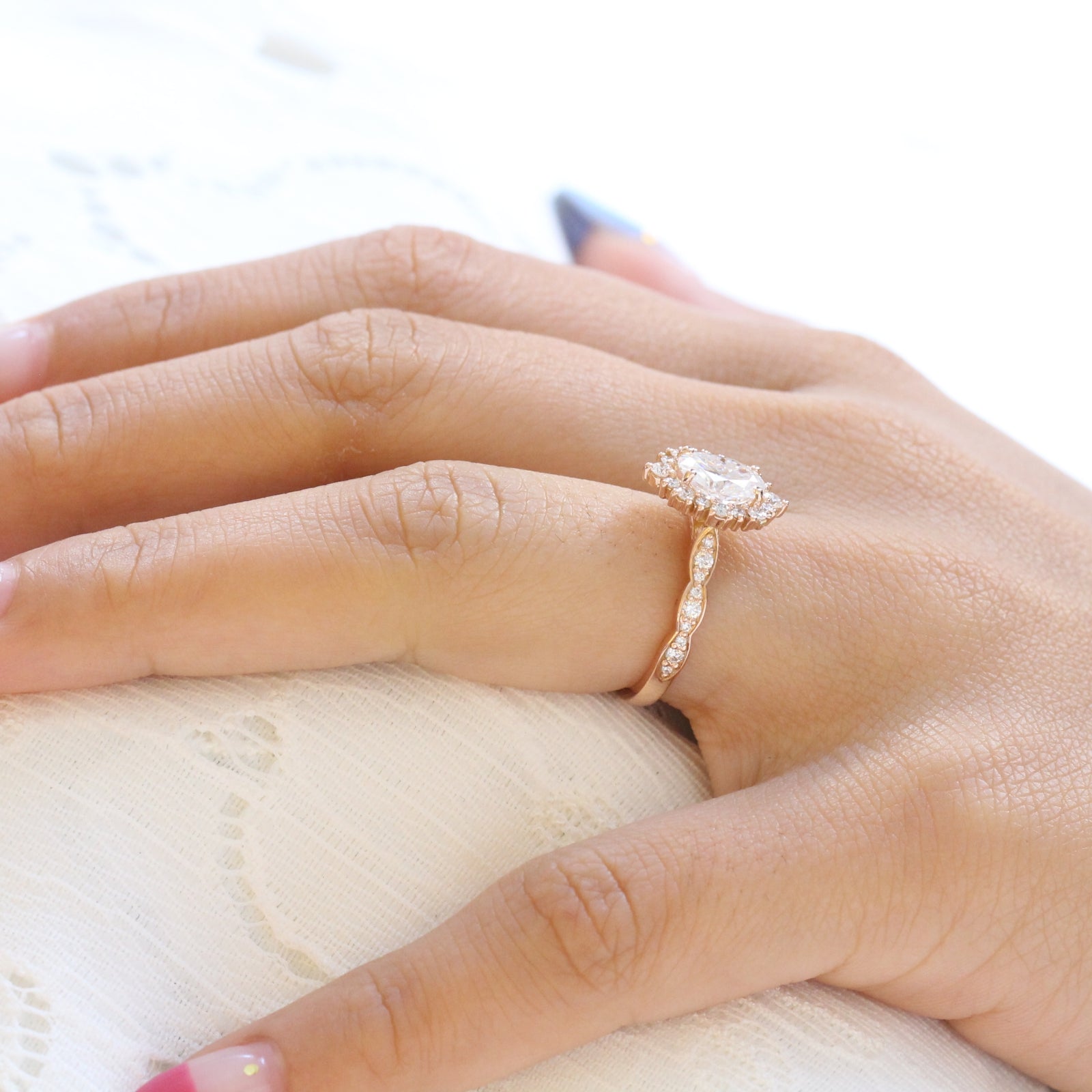 oval moissanite engagement ring rose gold in halo diamond cluster band by la more design jewelry