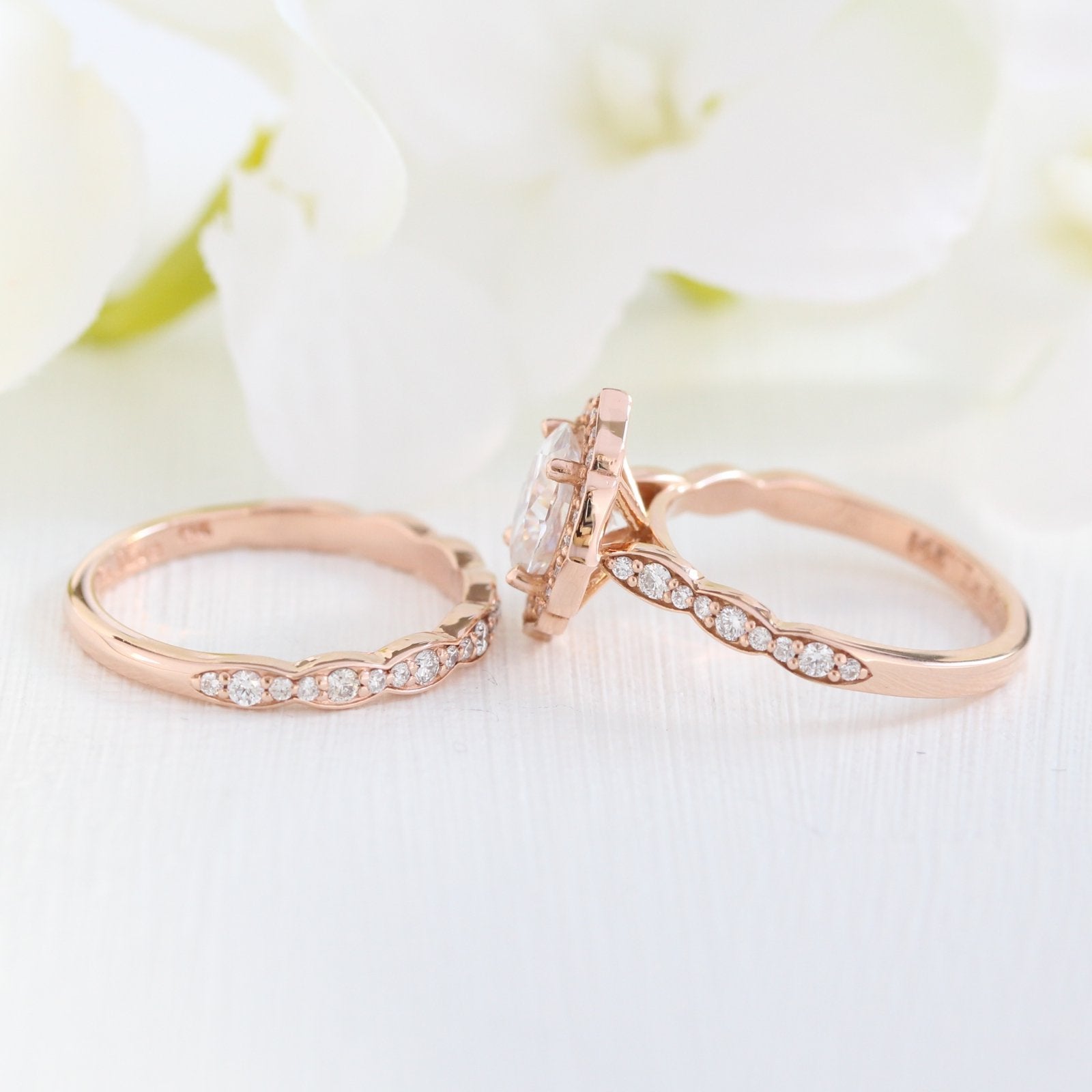 oval moissanite ring bridal set in rose gold vintage inspired band by la more design
