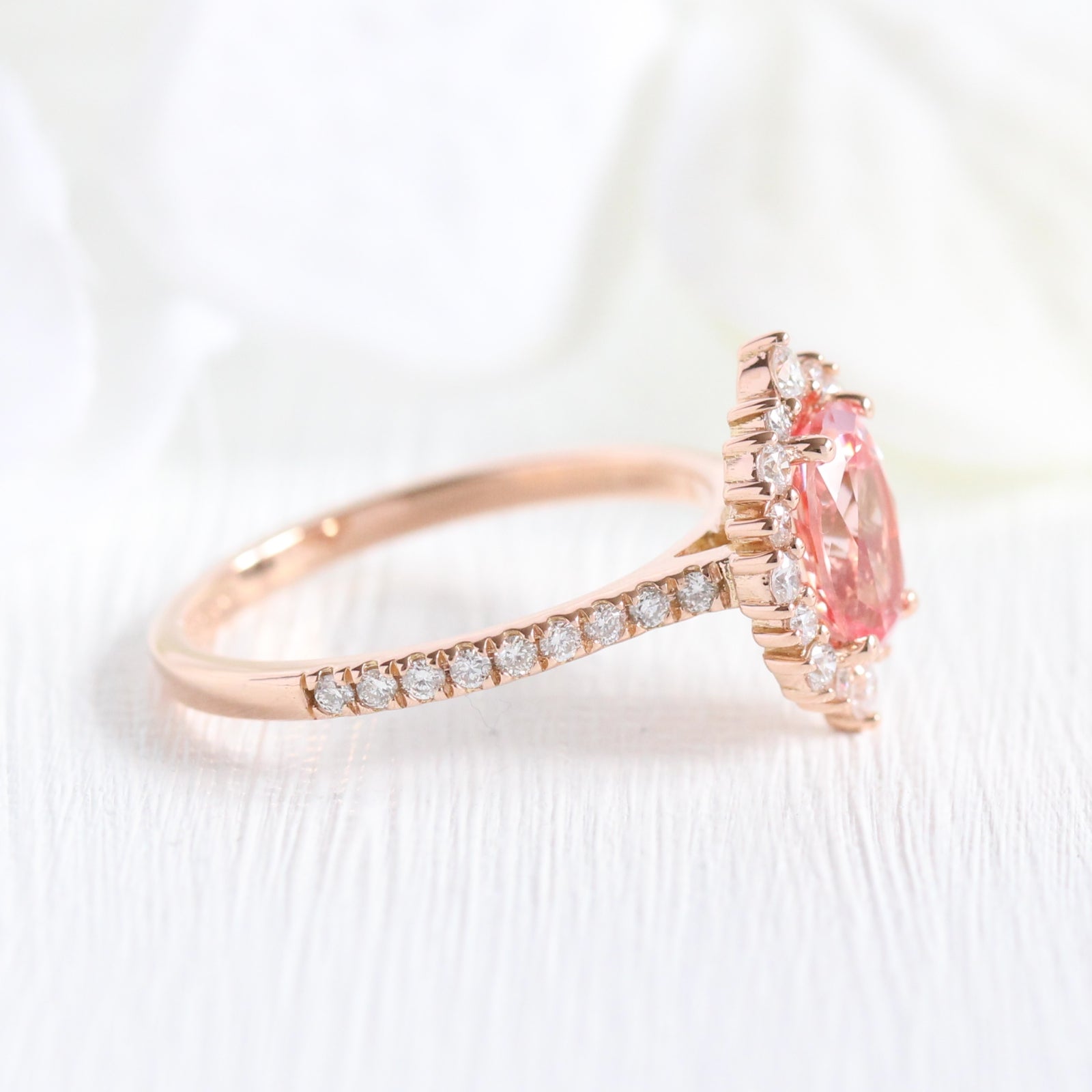 oval peach sapphire engagement ring rose gold halo diamond ring low profile ring by la more design jewelry