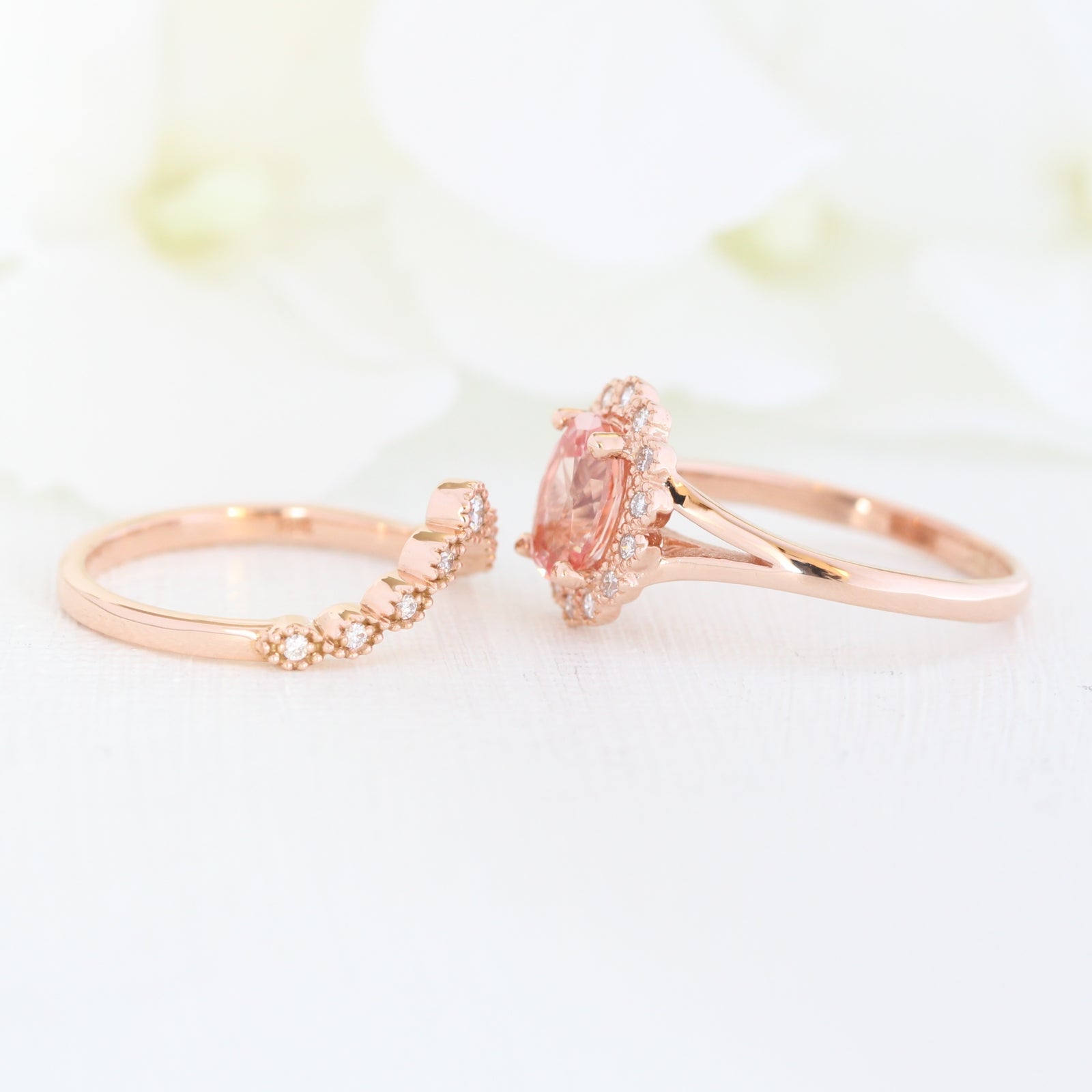 oval peach sapphire ring and curved diamond band bridal set in rose gold by la more design