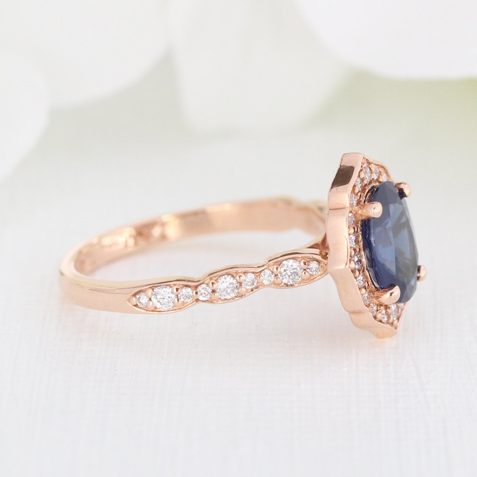 oval sapphire engagement ring in rose gold vintage inspired band by la more design