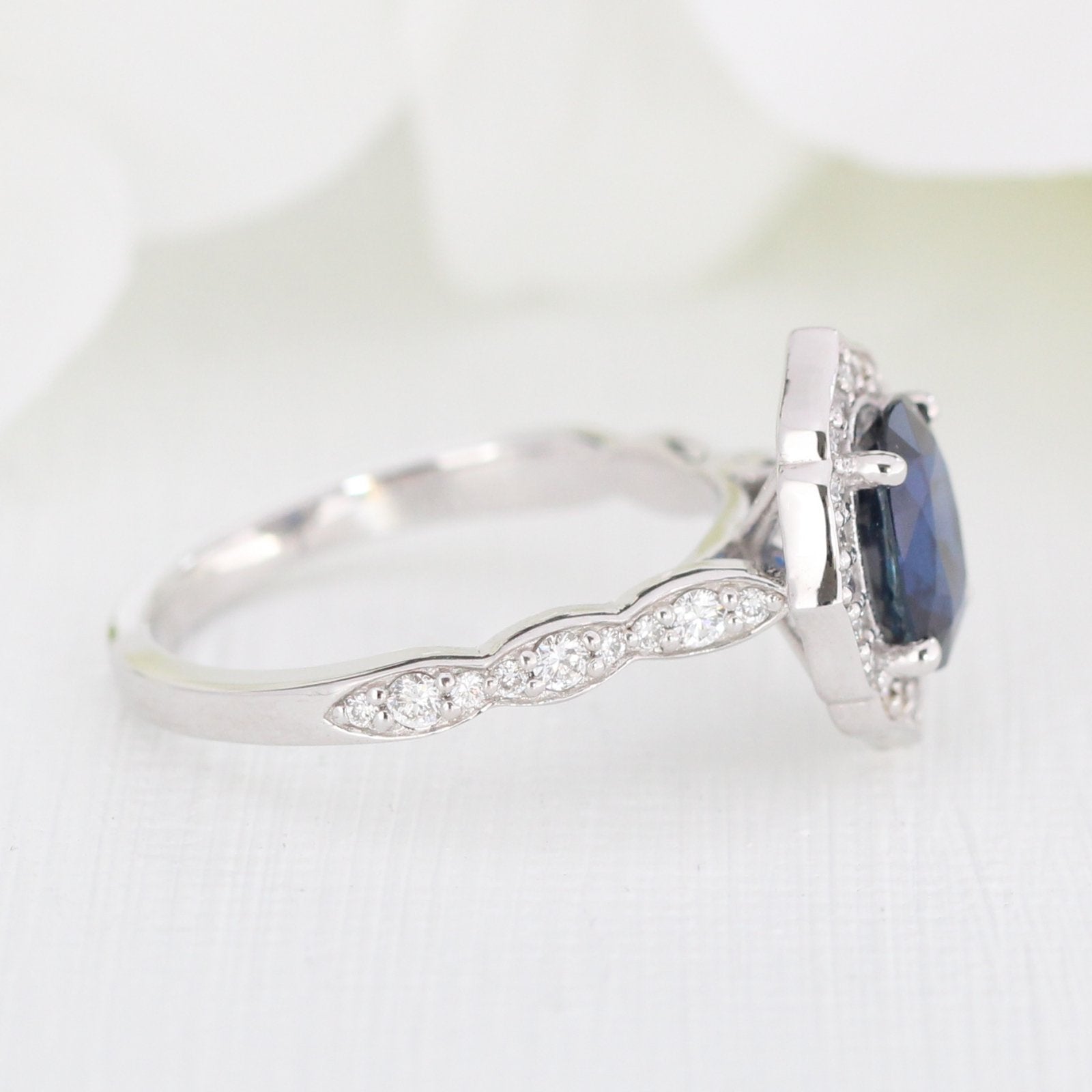 oval sapphire engagement ring in white gold vintage inspired band by la more design