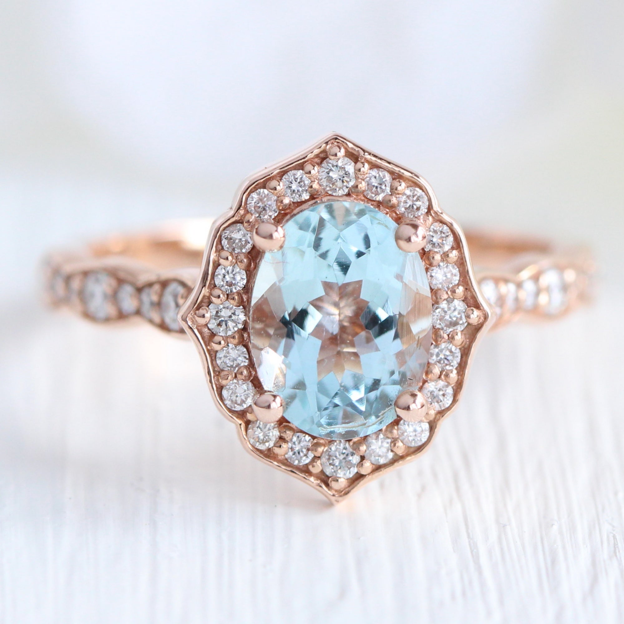 oval aquamarine engagement ring rose gold vintage halo diamond ring by la more design jewelry 