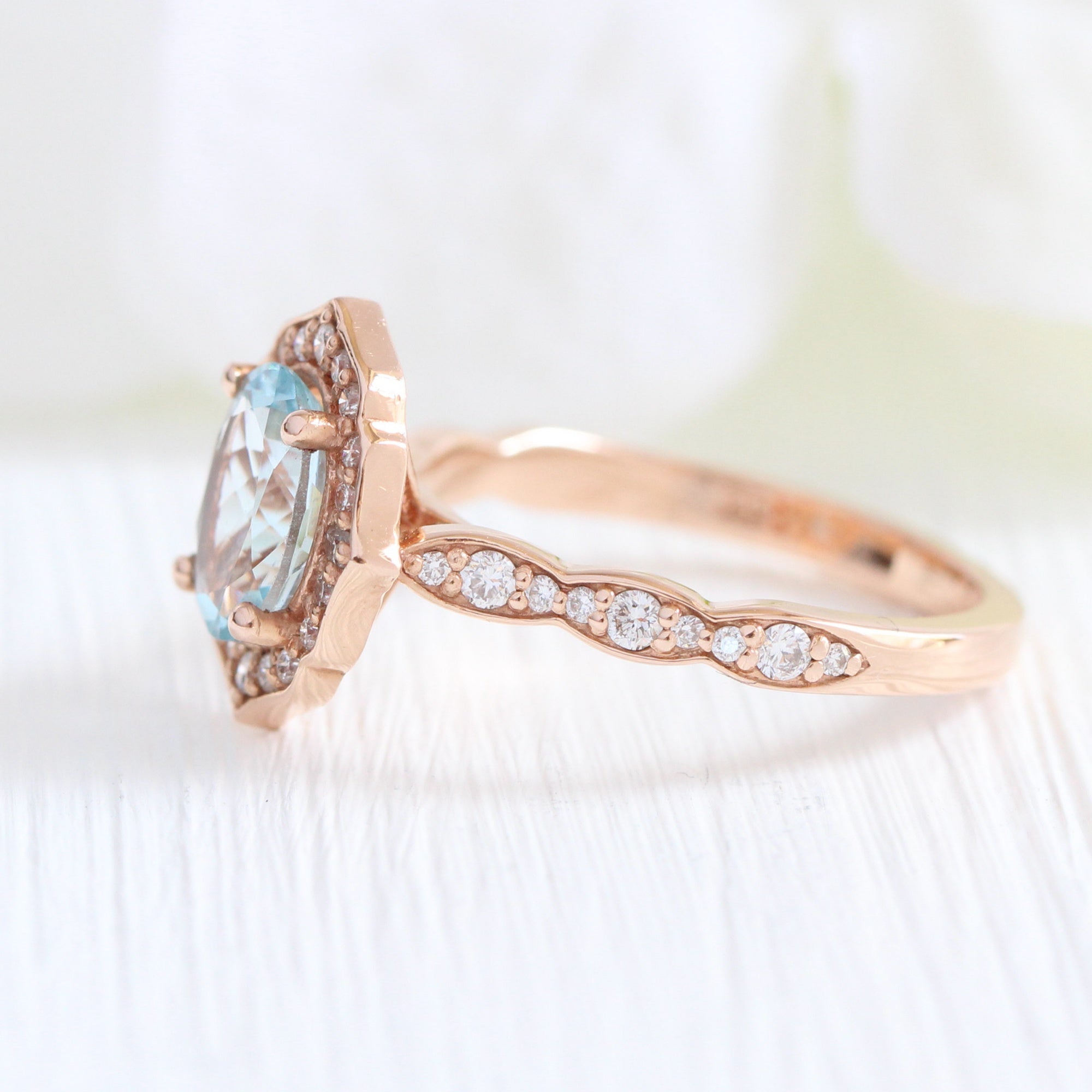 oval aquamarine engagement ring rose gold vintage halo diamond ring by la more design jewelry