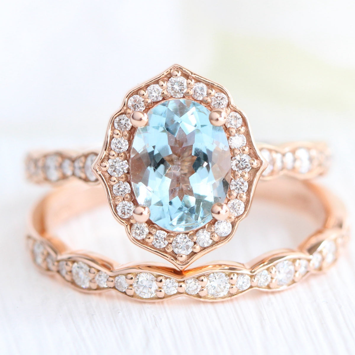 oval aquamarine ring stack rose gold vintage halo diamond ring la more design jewelry