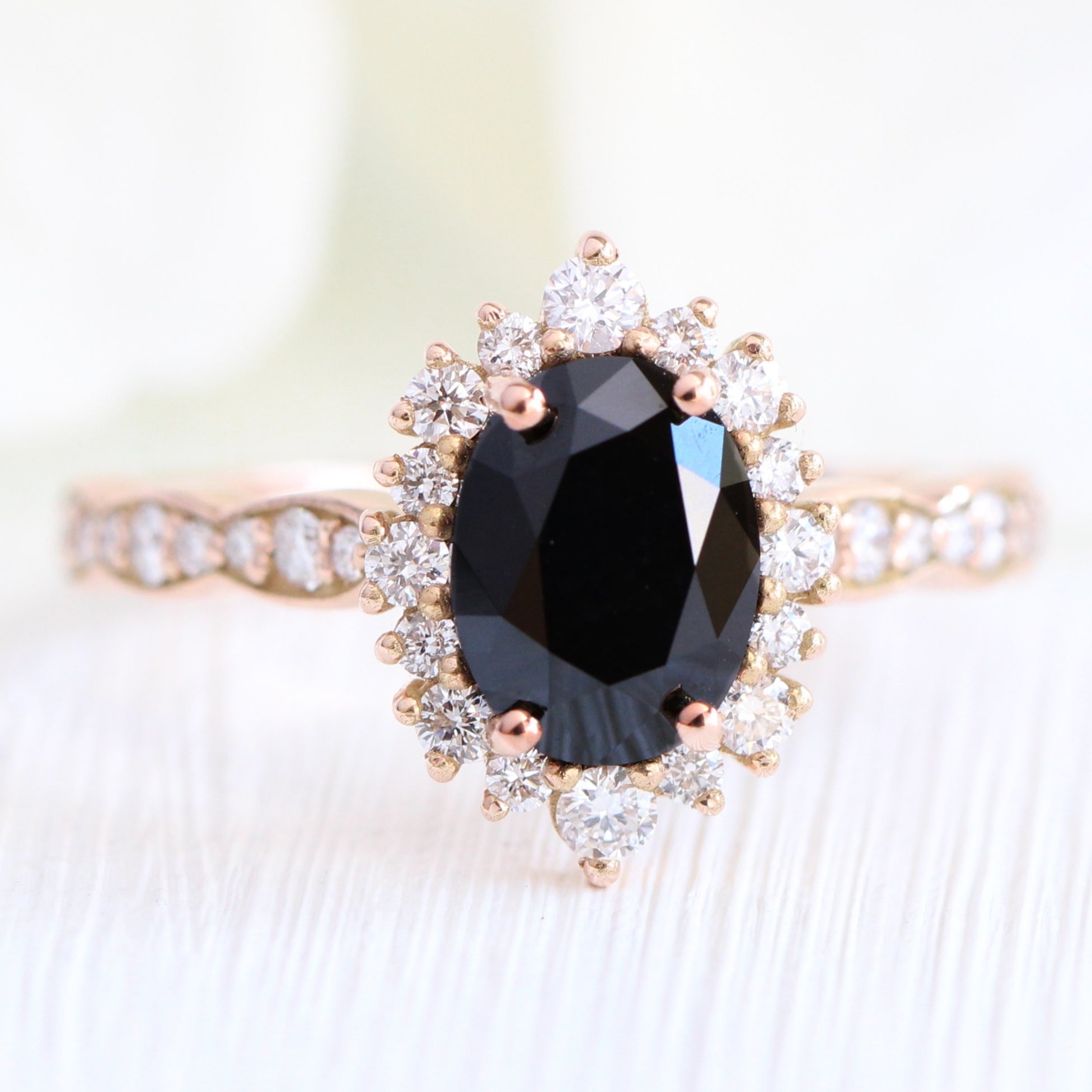 Black Diamond Ring Gold Halo Oval Ring Half Diamond Wedding Band Set