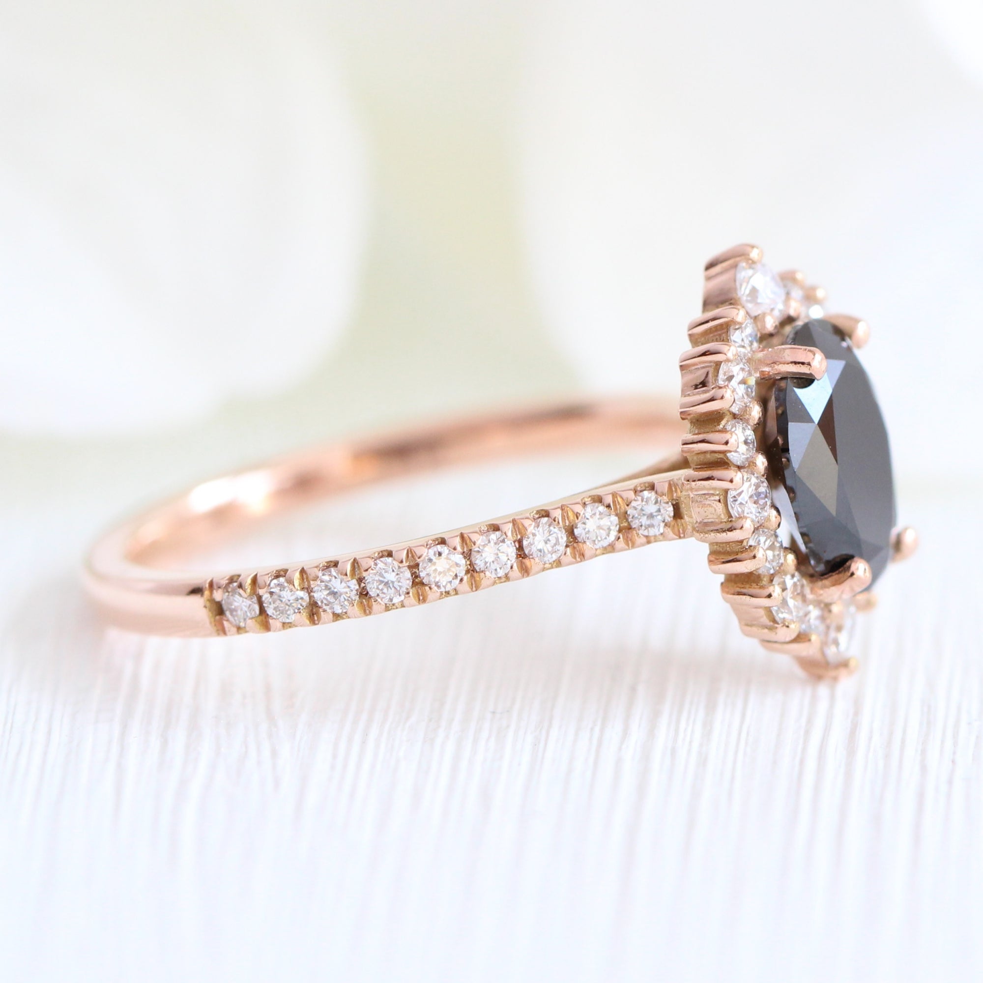 Large Black Diamond Engagement Ring Rose Gold Halo Diamond Oval Ring 14K White Gold / 5.0