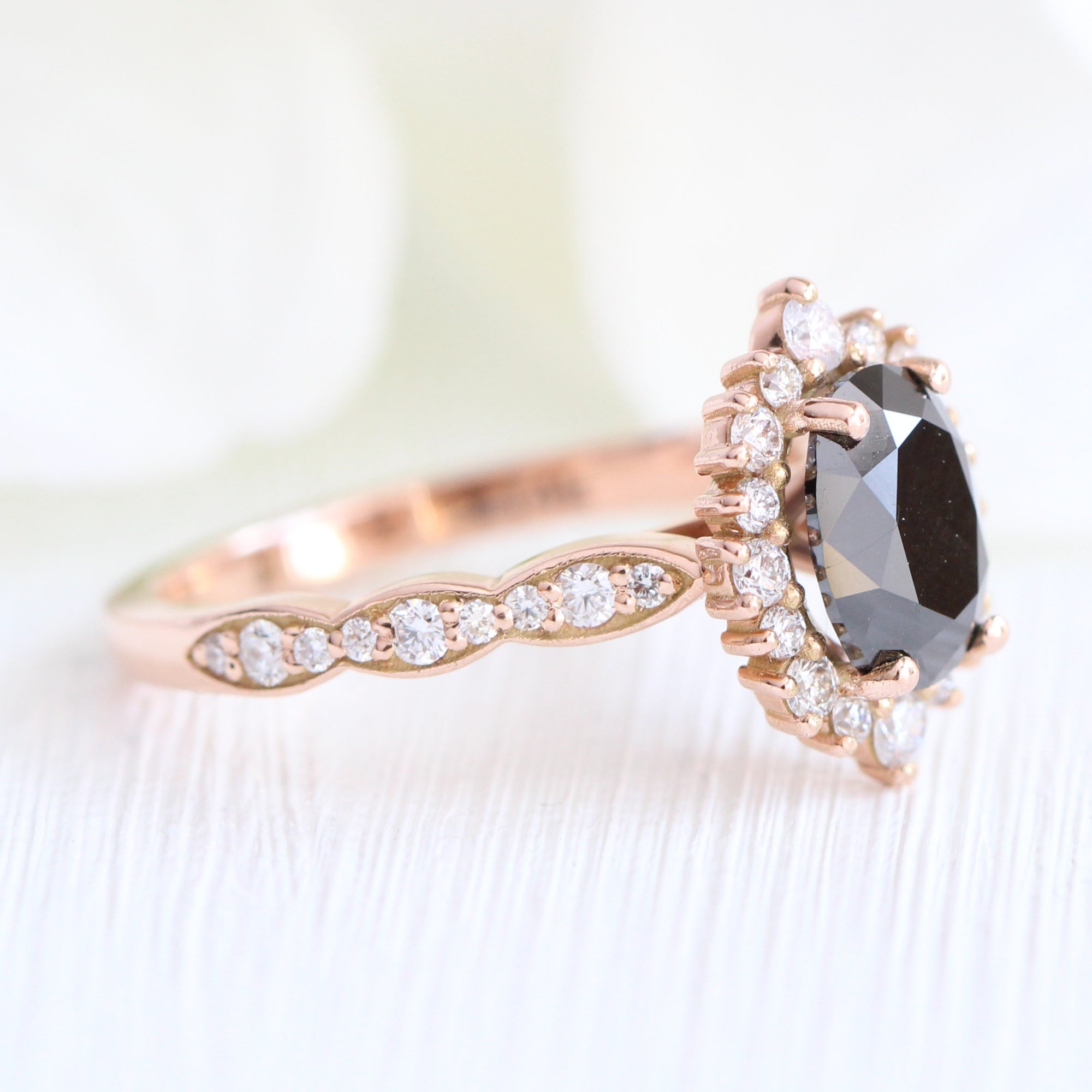 oval black diamond engagement ring rose gold large halo ring la more design jewelry
