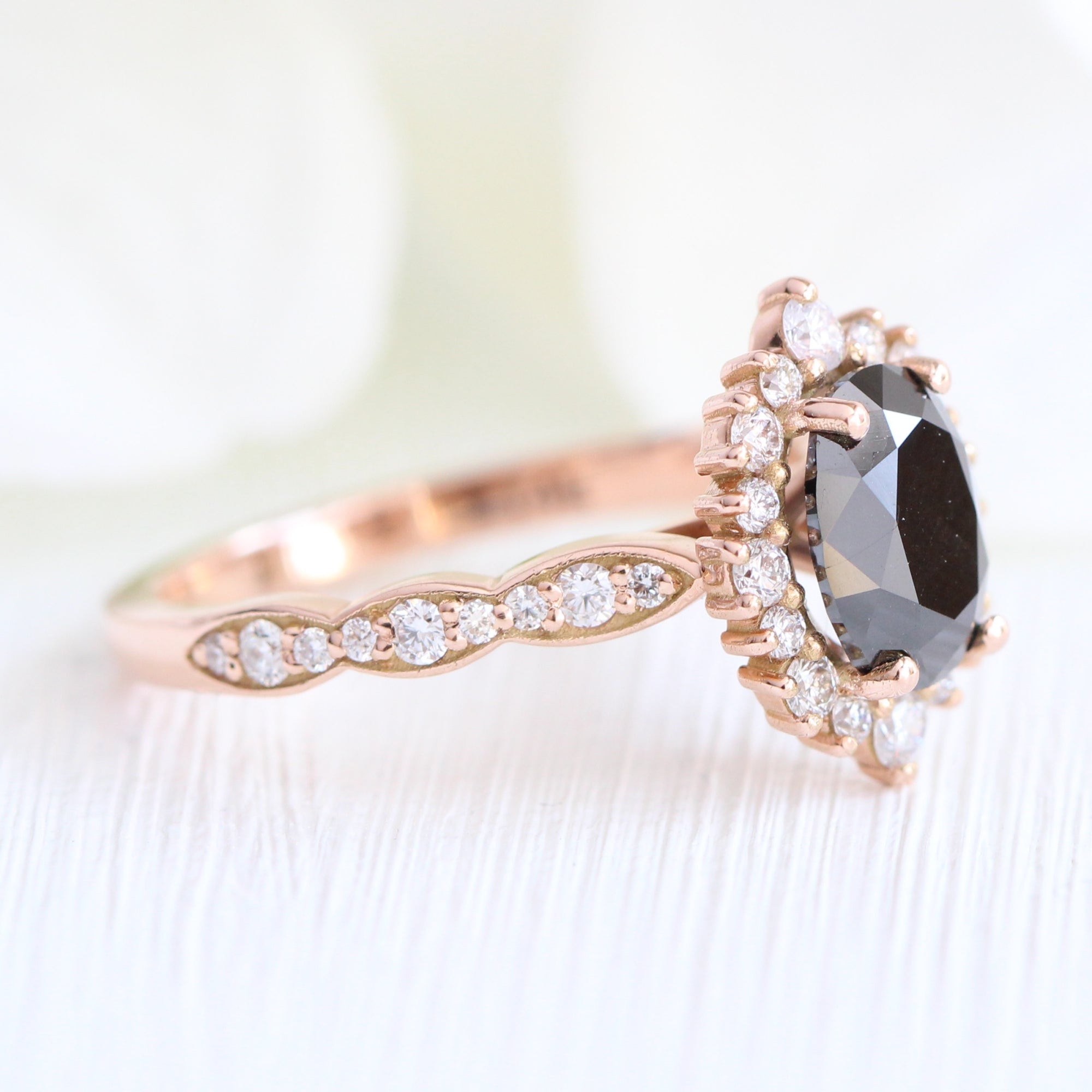 Black Diamond Engagement Ring Rose Gold Cluster Halo Diamond Oval Ring