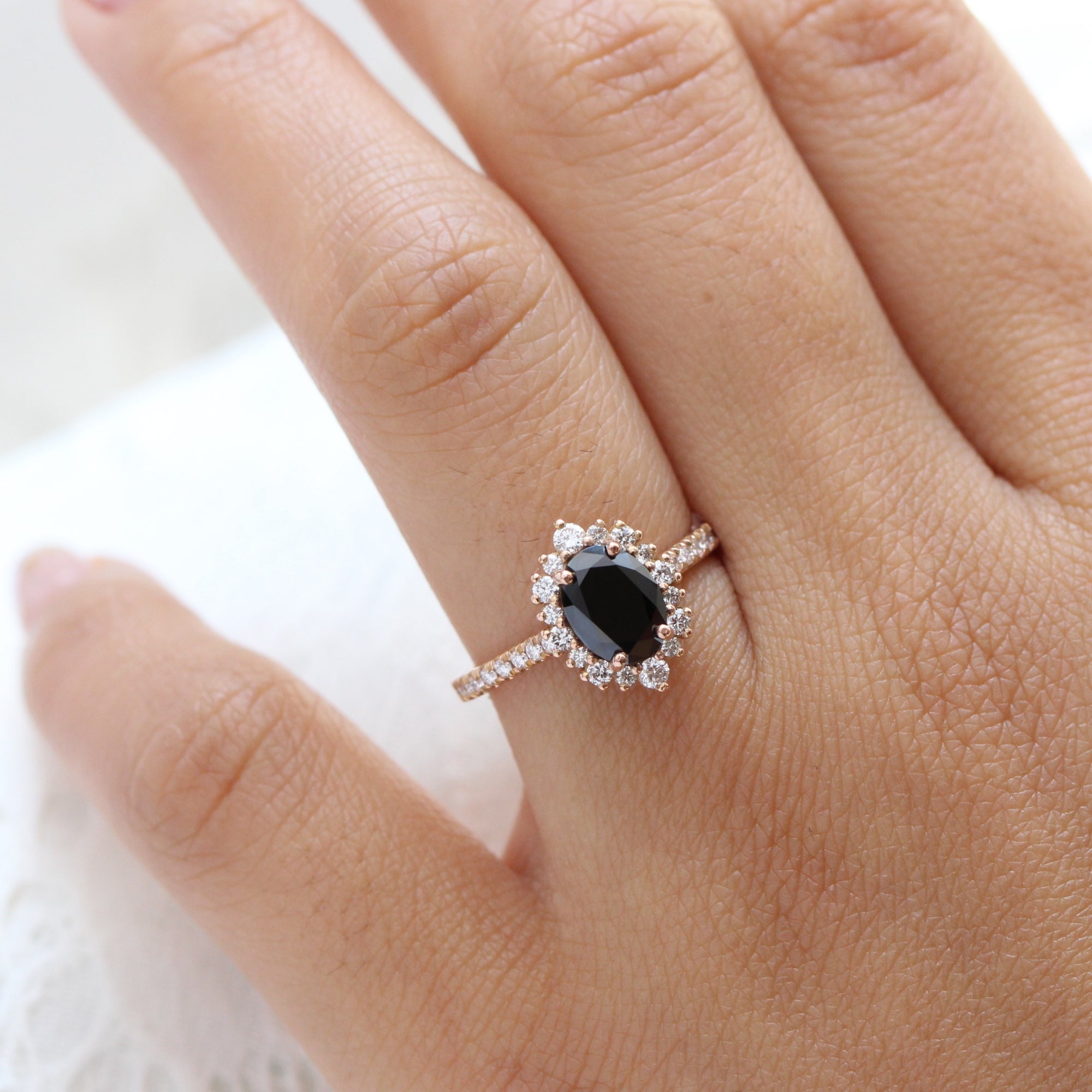 oval black diamond engagement ring rose gold large halo ring la more design jewelry