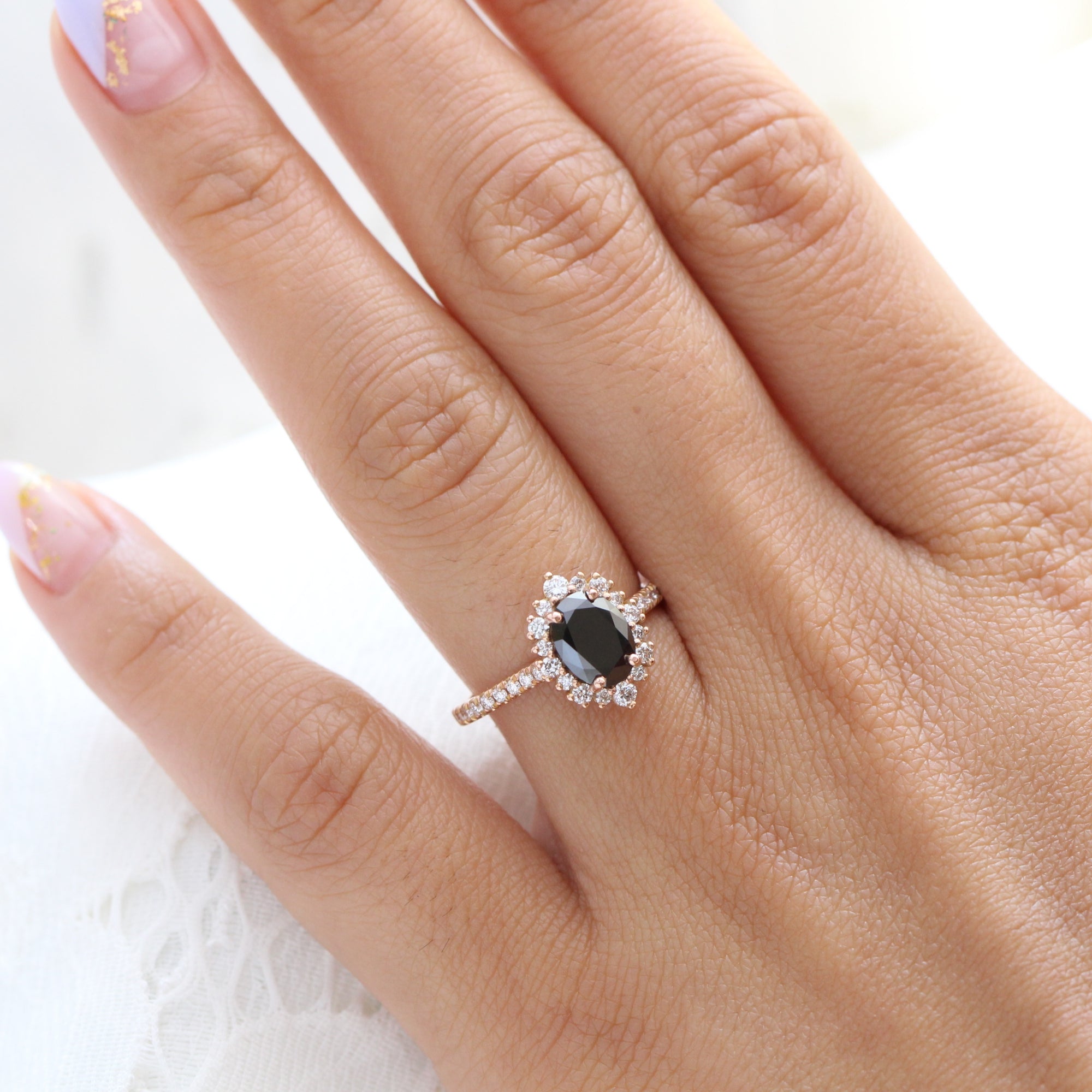 oval black diamond engagement ring rose gold large halo ring la more design jewelry