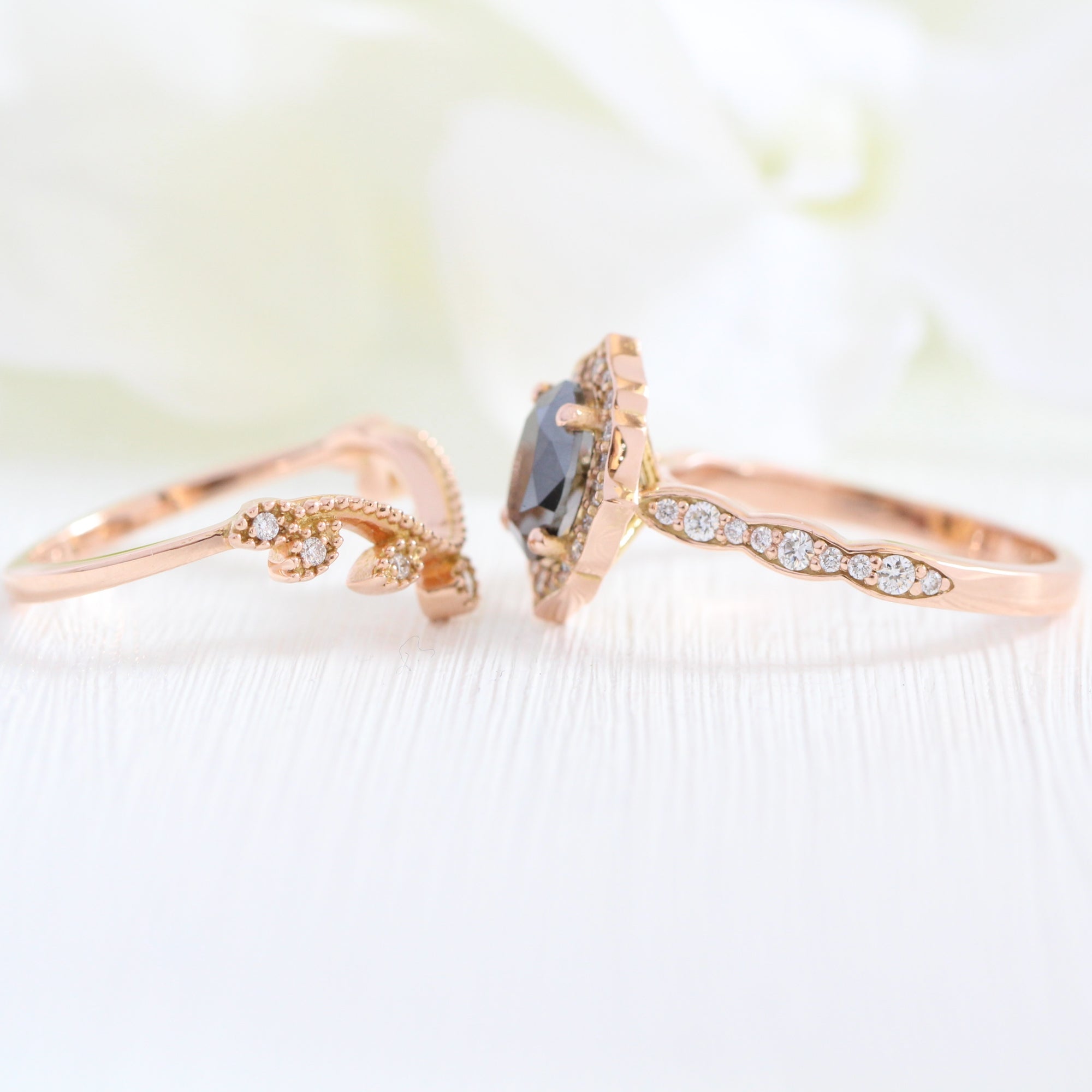 oval black diamond engagement ring rose gold leaf wedding band bridal ring set la more design jewelry