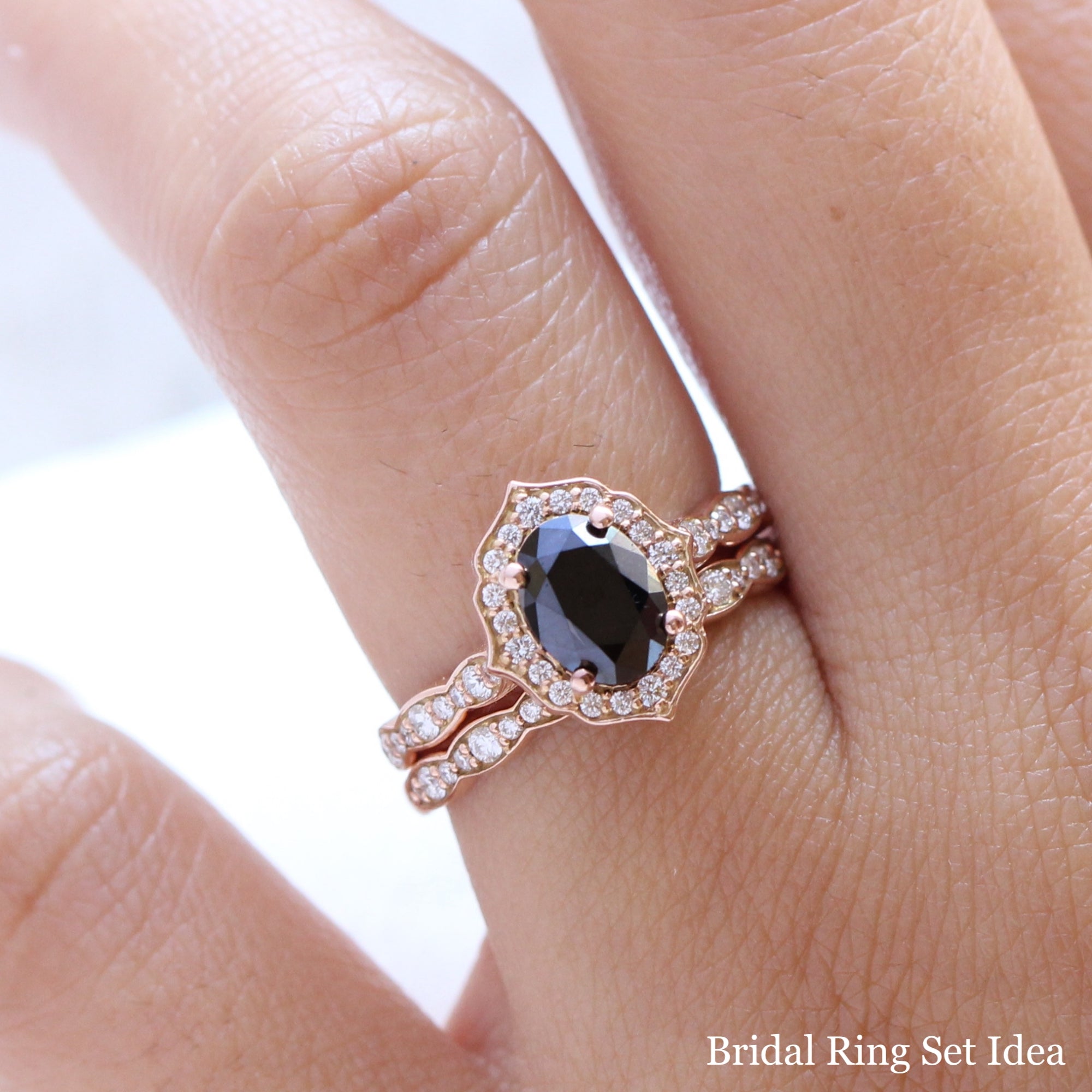 oval black diamond engagement ring rose gold matching diamond wedding band bridal ring set la more design jewelry
