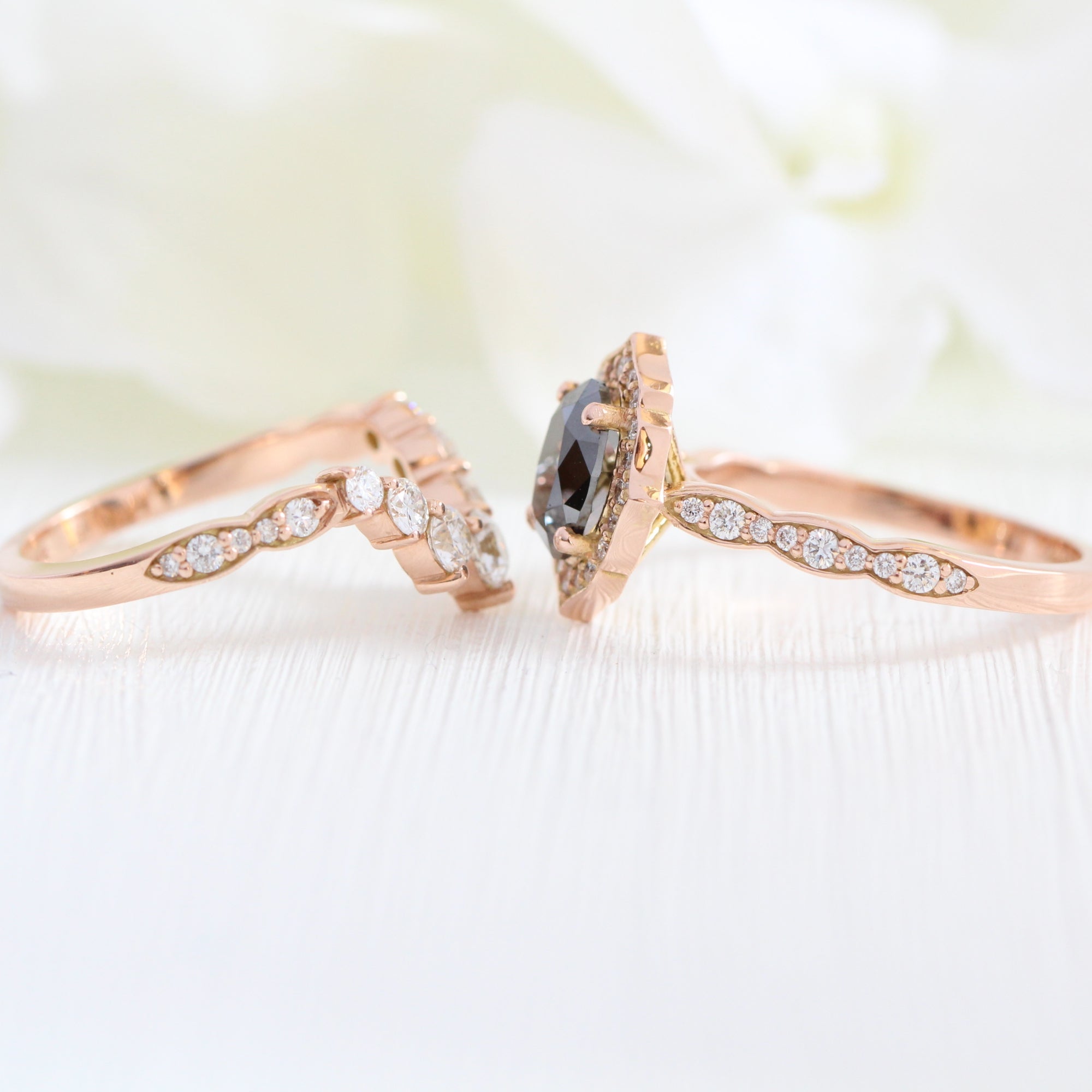 oval black diamond engagement ring rose gold matching wedding band bridal ring set la more design jewelry