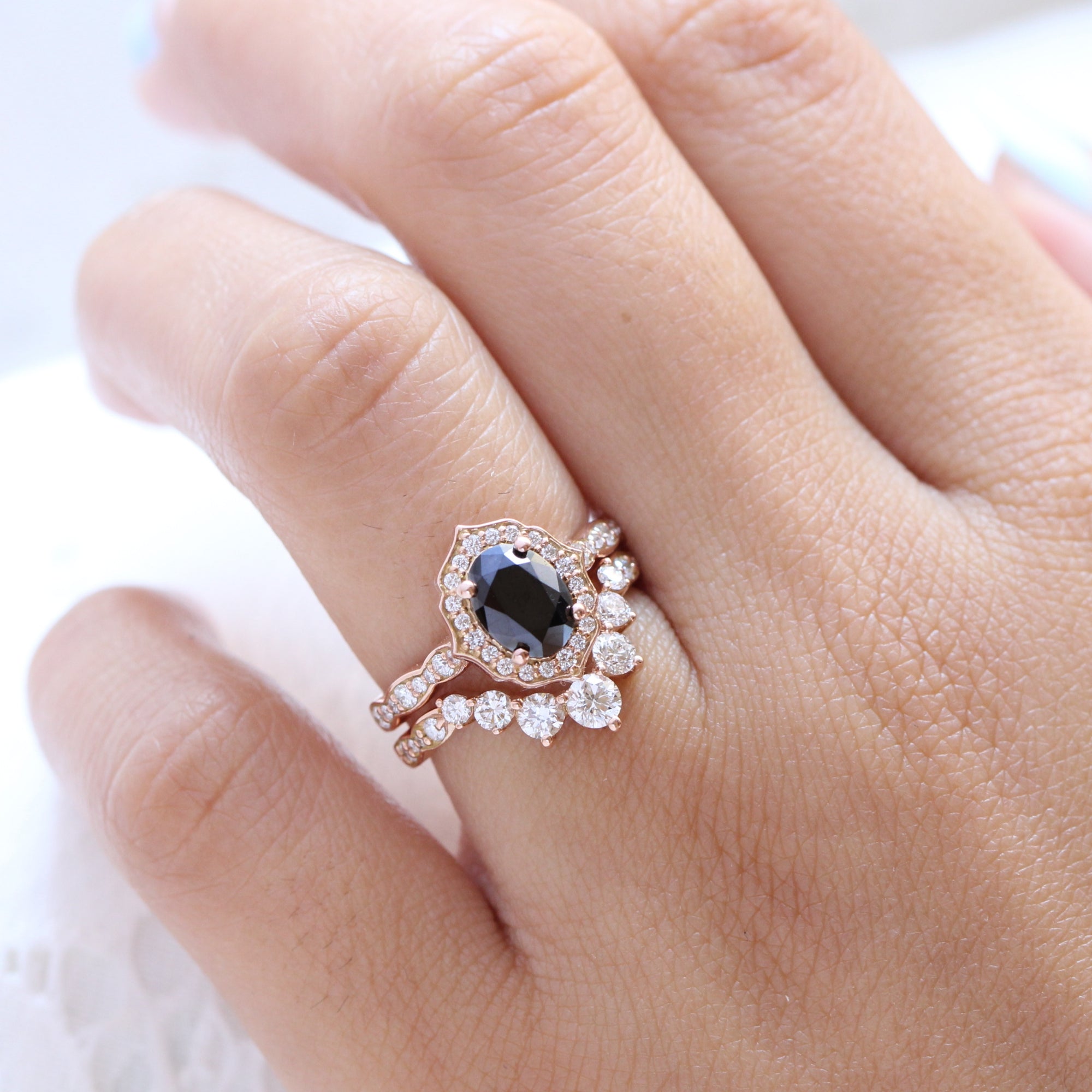 oval black diamond engagement ring rose gold matching wedding band bridal ring set la more design jewelry
