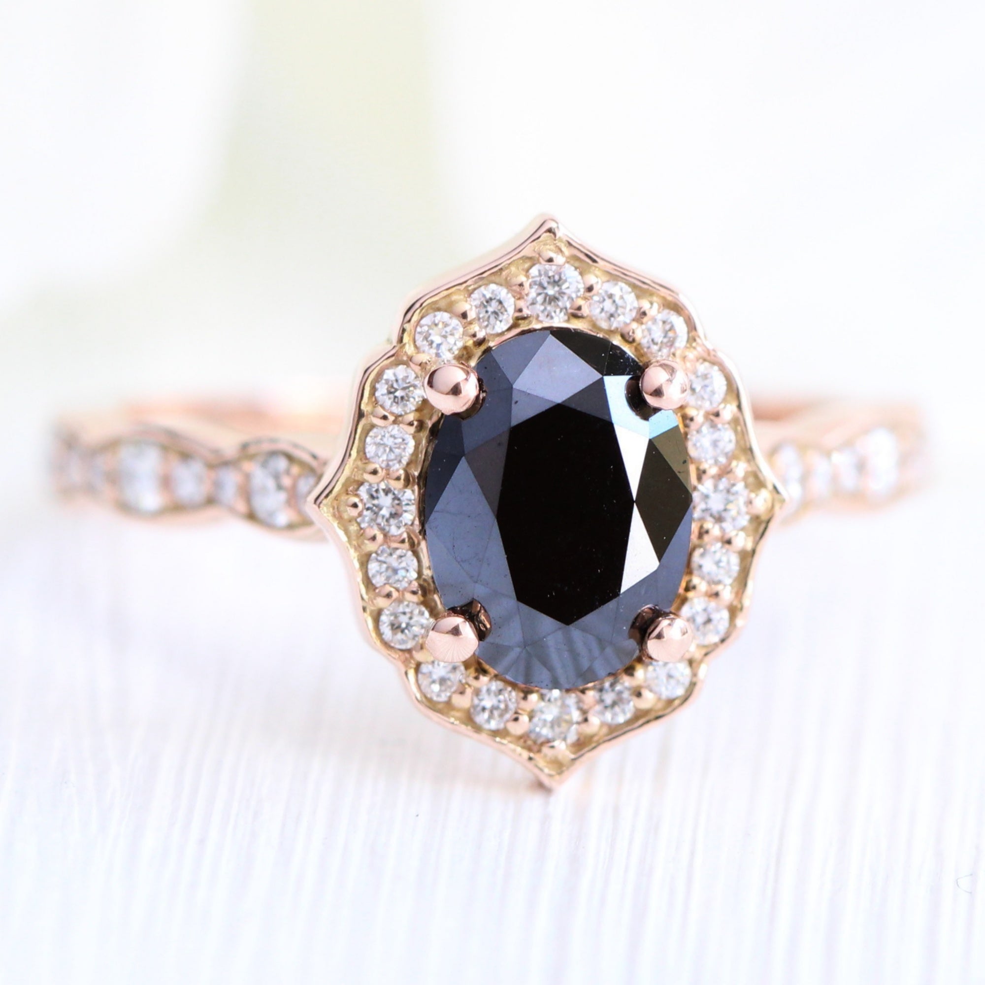 Natural Black Diamond Ring Rose Gold Vintage Halo Ring Stacking Ring 18K Rose Gold 9.5