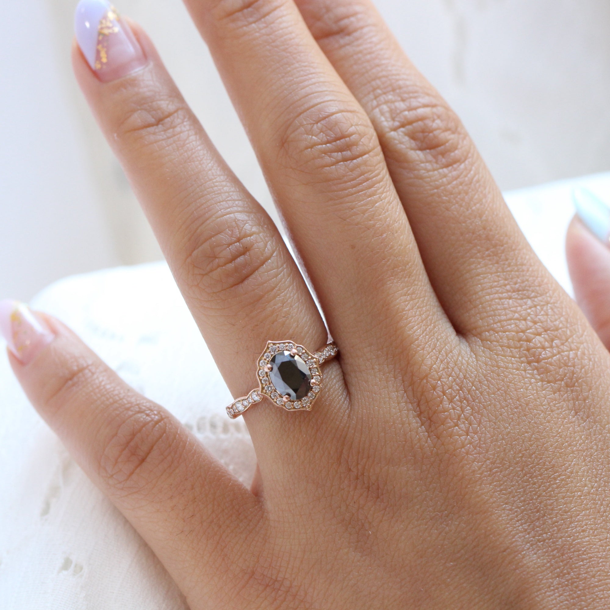 oval black diamond engagement ring rose gold vintage halo ring la more design jewelry