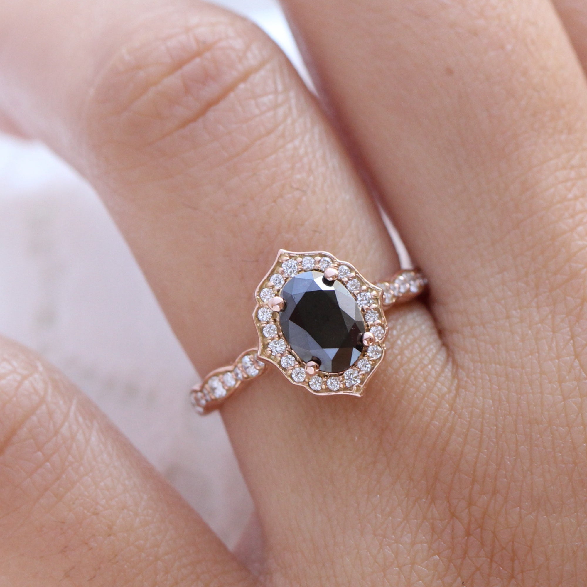 oval black diamond engagement ring rose gold vintage halo ring la more design jewelry