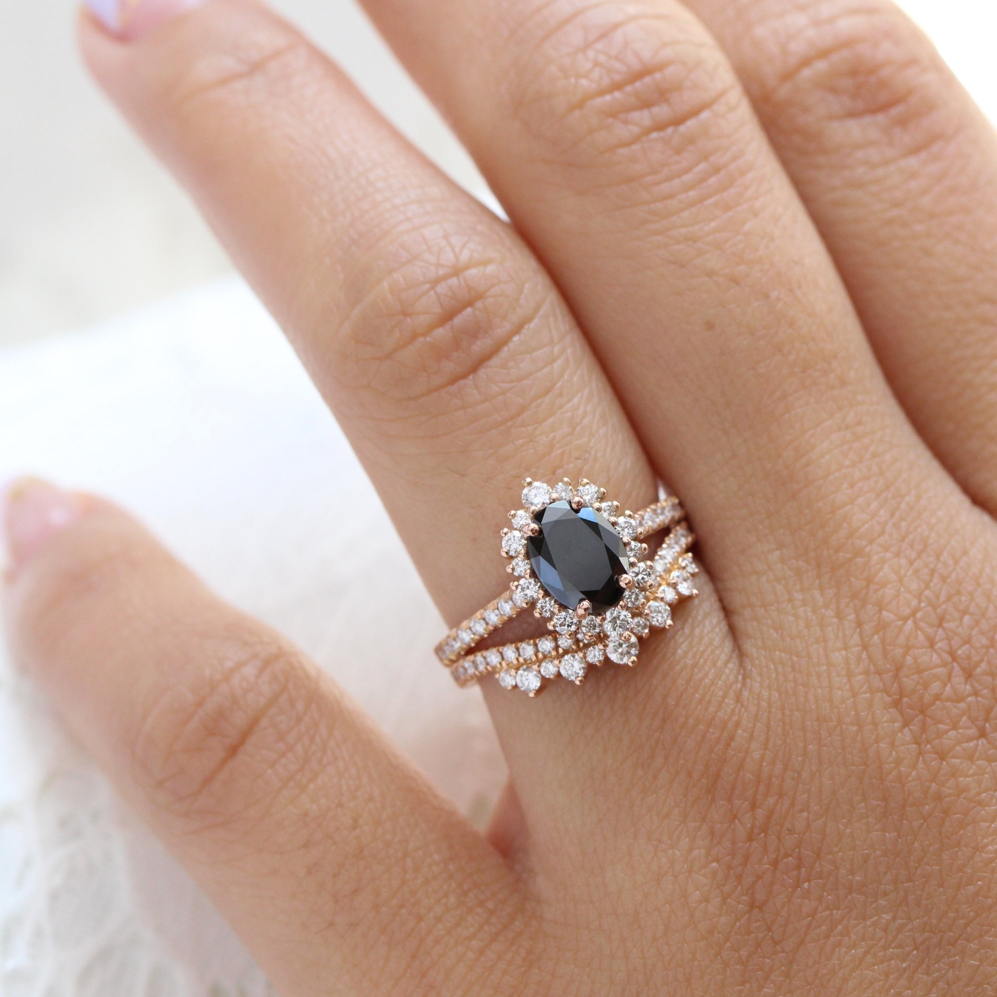 oval black diamond large halo ring rose gold crown diamond wedding band bridal set la more design jewelry