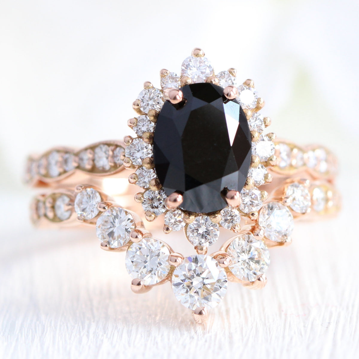oval black diamond large halo ring rose gold large diamond wedding band bridal set la more design jewelry