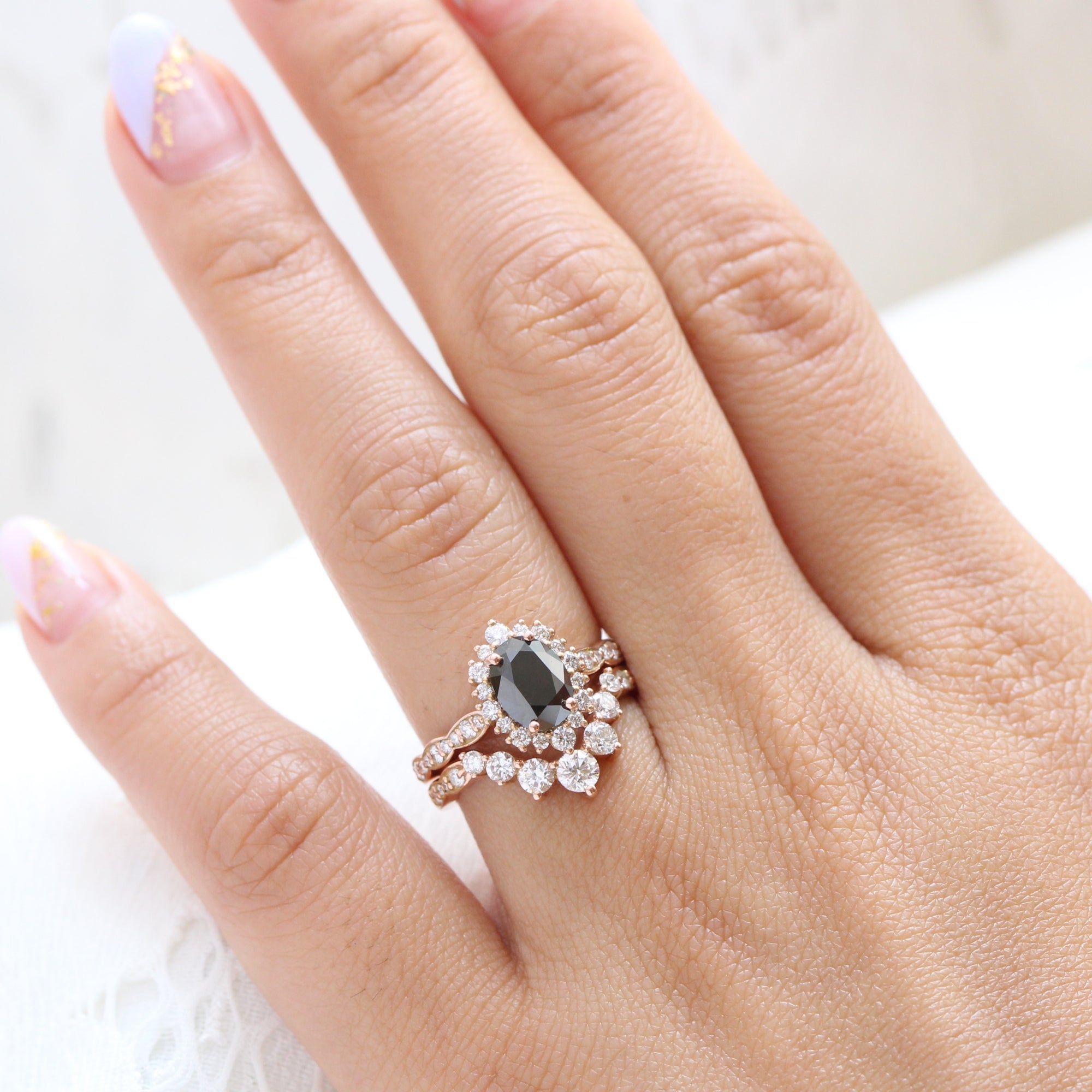 oval black diamond large halo ring rose gold large diamond wedding band bridal set la more design jewelry