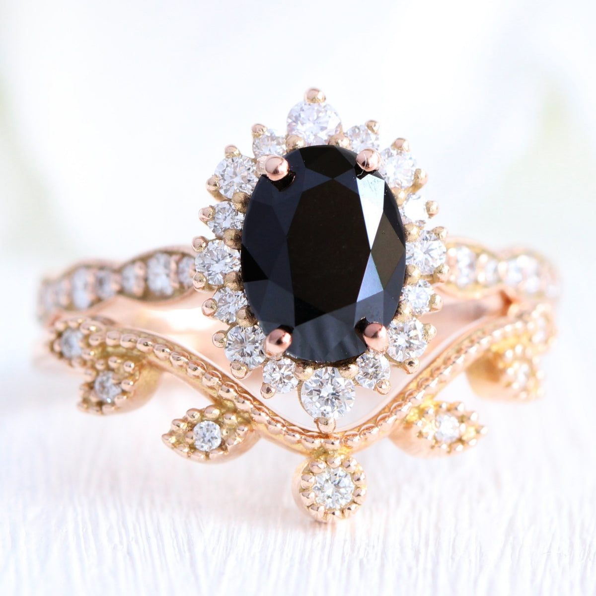 oval black diamond large halo ring rose gold leaf diamond wedding band bridal set la more design jewelry