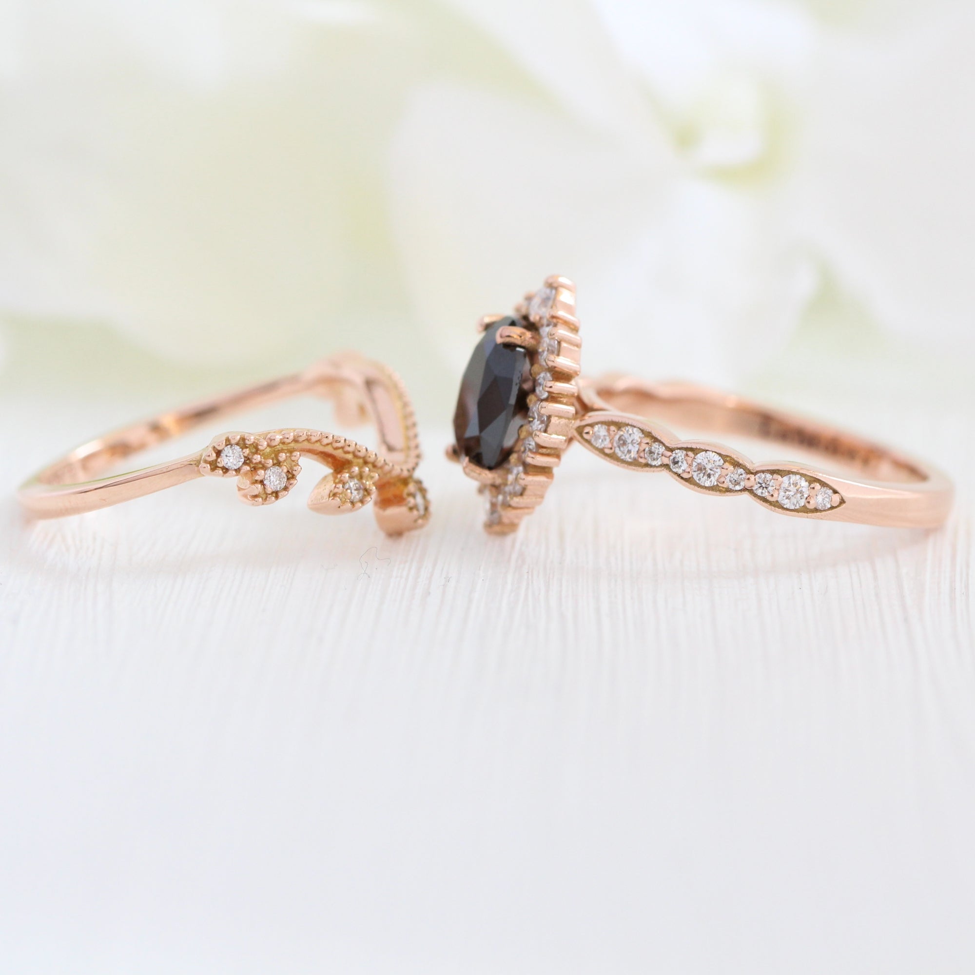 oval black diamond large halo ring rose gold leaf diamond wedding band bridal set la more design jewelry