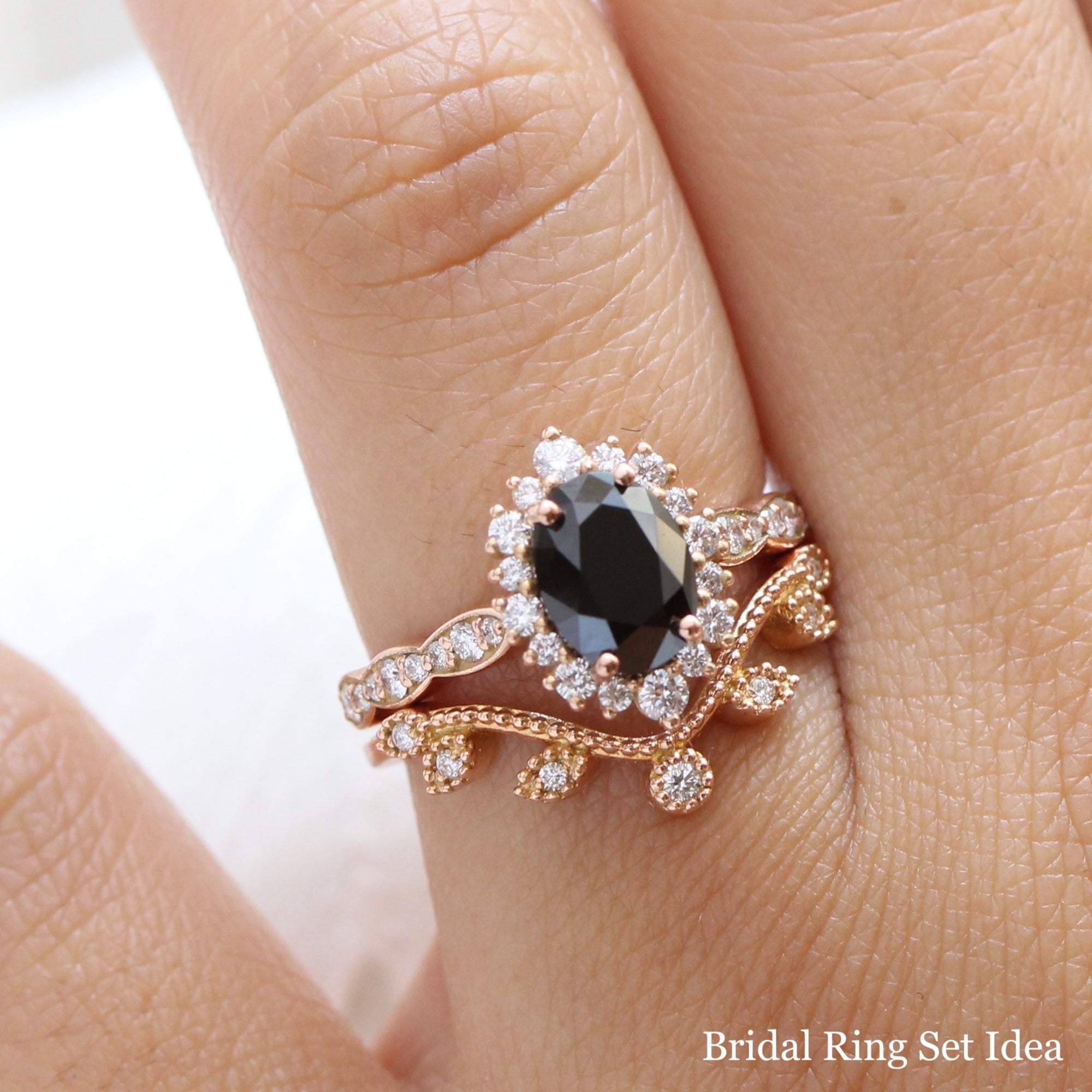 Black Diamond Engagement Ring Rose Gold Cluster Halo Diamond Oval