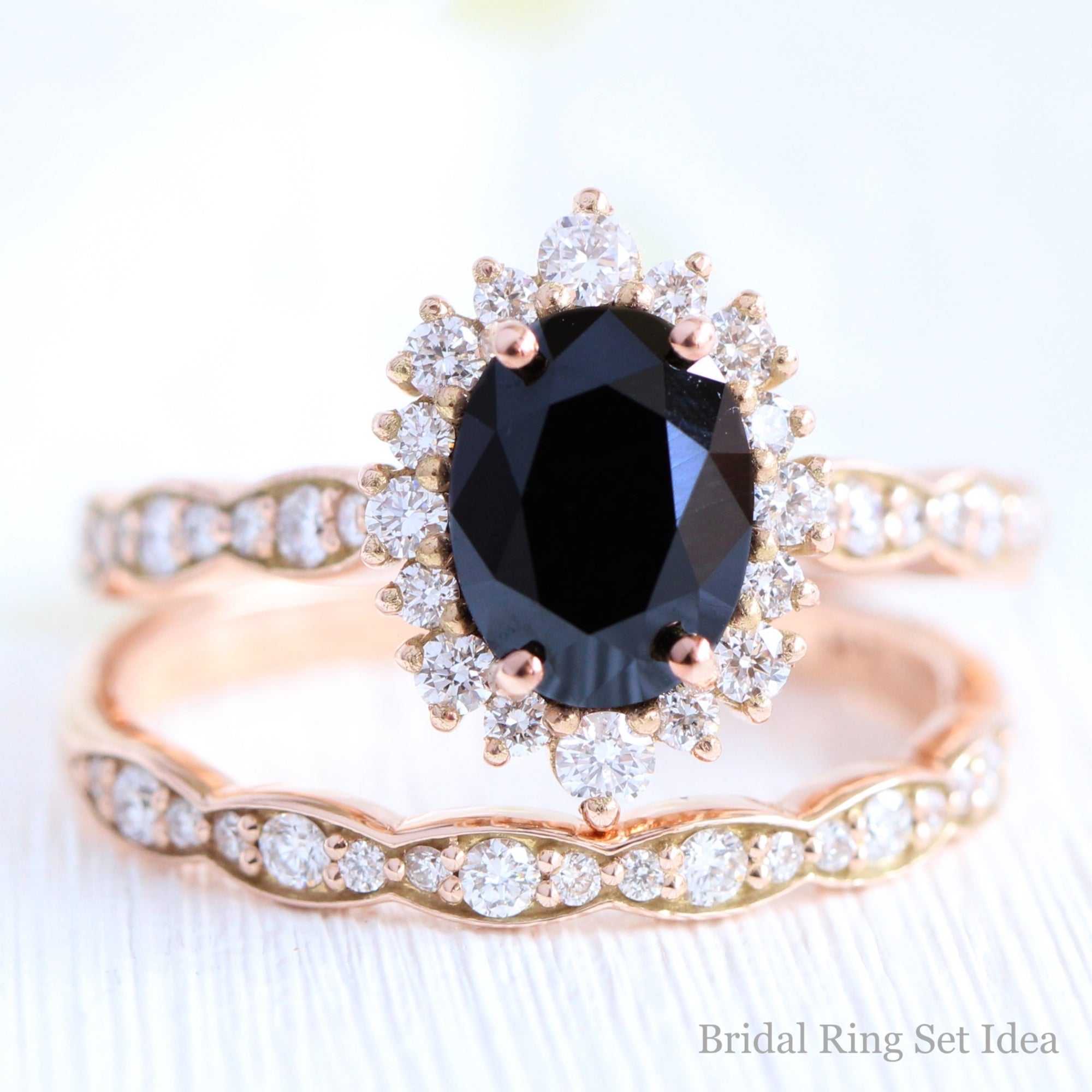 Black Diamond Engagement Ring Rose Gold Cluster Halo Diamond Oval Ring