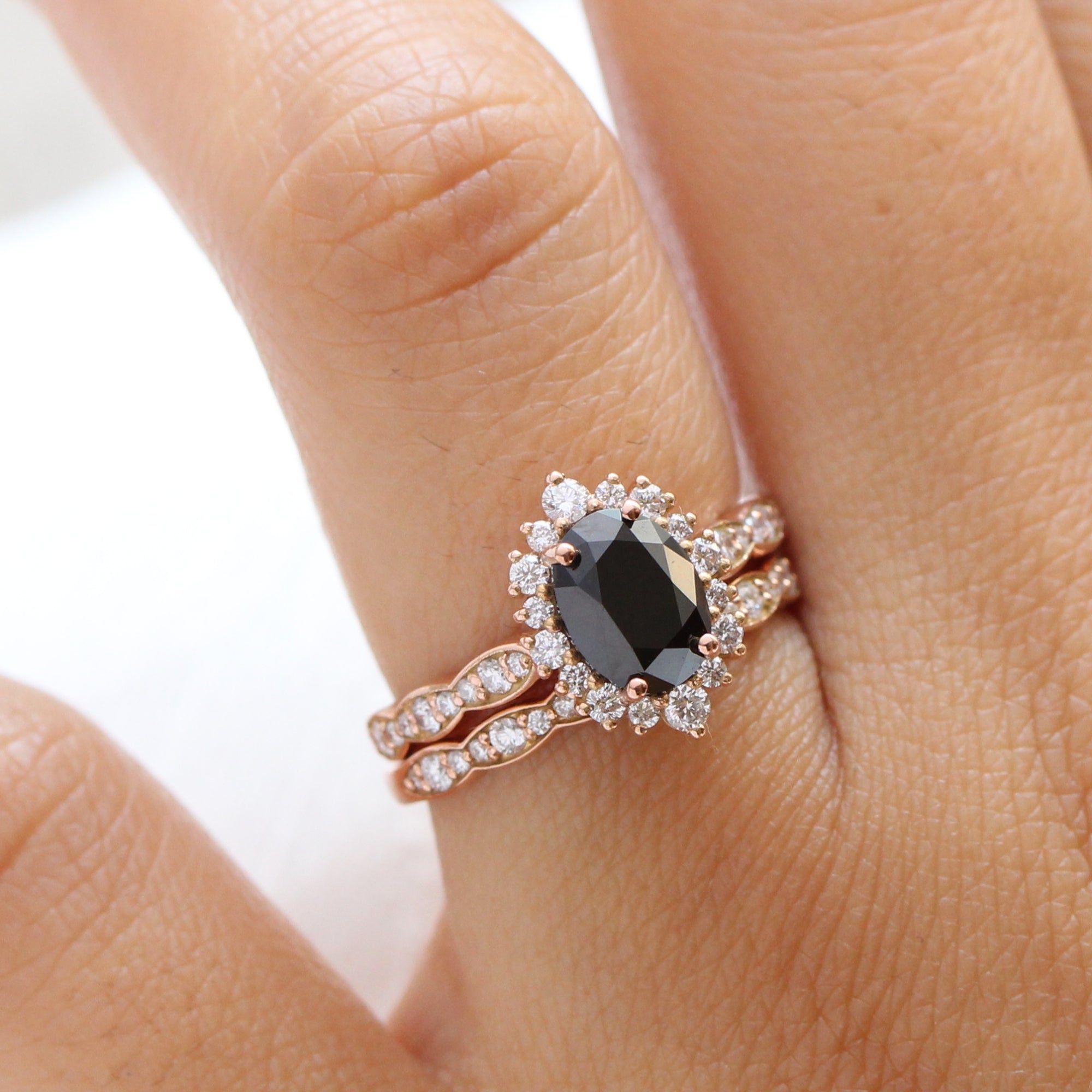 oval black diamond large halo ring rose gold matching diamond wedding band bridal set la more design jewelry