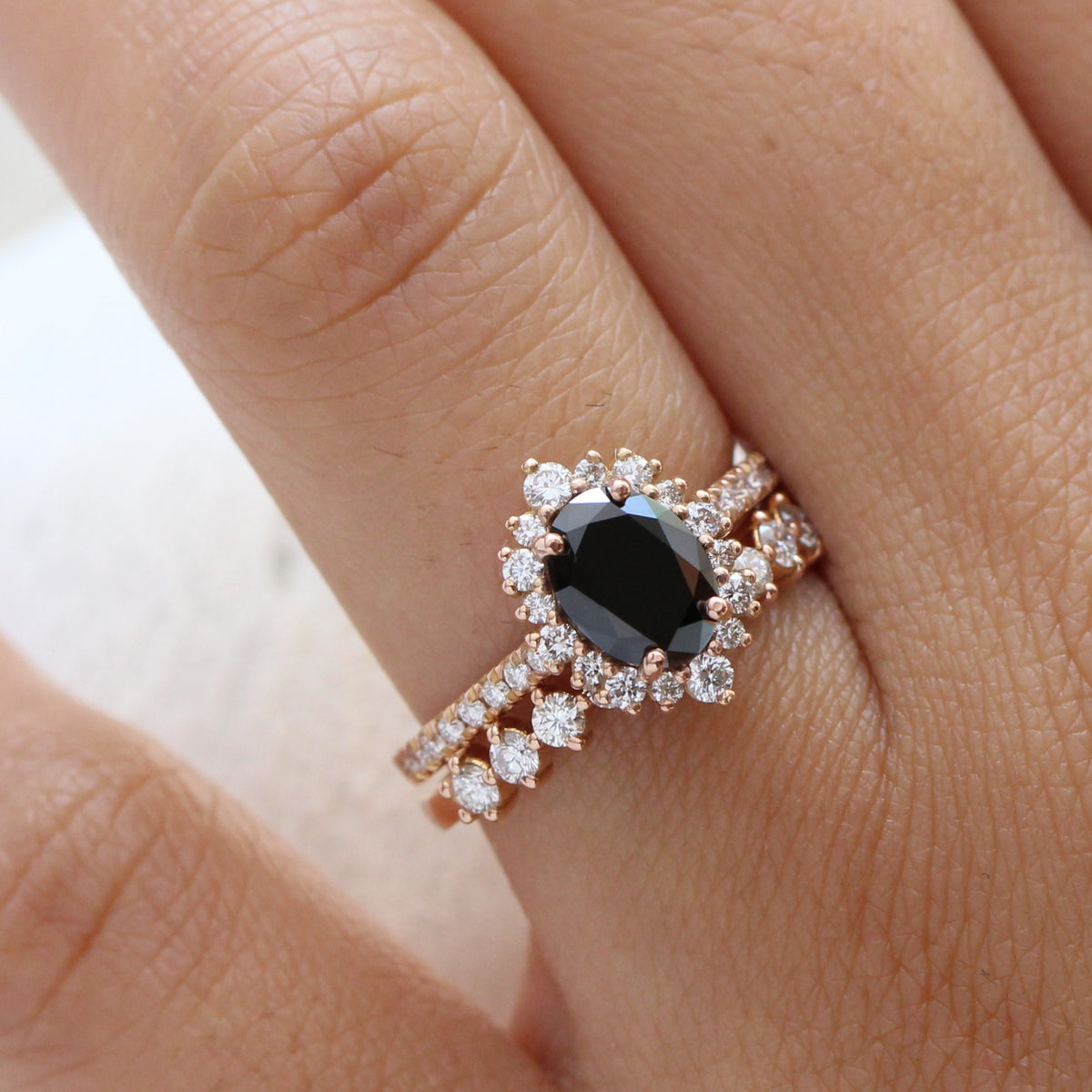 oval black diamond large halo ring rose gold matching diamond wedding band bridal set la more design jewelry
